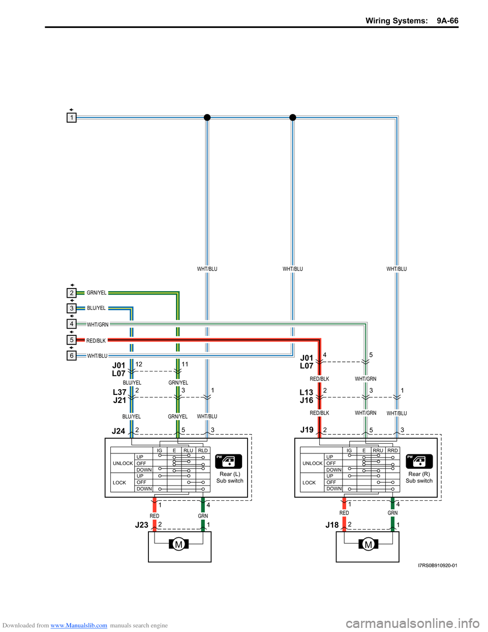 SUZUKI SWIFT 2007 2.G Service Workshop Manual Downloaded from www.Manualslib.com manuals search engine Wiring Systems:  9A-66
J24L37
J21
J192352 2133
5
L13
J1621 3
5
J23 J18
RED/BLKBLU/YELWHT/BLUGRN/YELWHT/BLUWHT/GRN
4
1211J01
L07
14
21
M
GRNRED
