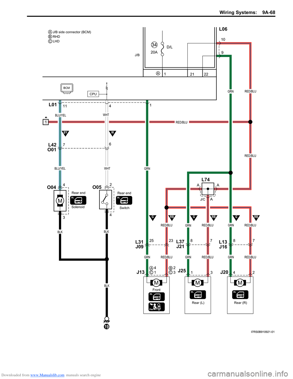 SUZUKI SWIFT 2005 2.G Service Workshop Manual Downloaded from www.Manualslib.com manuals search engine Wiring Systems:  9A-68
114
10
L06
21 9
221
8
42L13 J1678L37J217
7L42
O01
O04
Rear (R)
J/B
GRN
GRN
RED/BLU
J20
RED/BLUGRNRED/BLU
GRN
RED/BLU
D/L