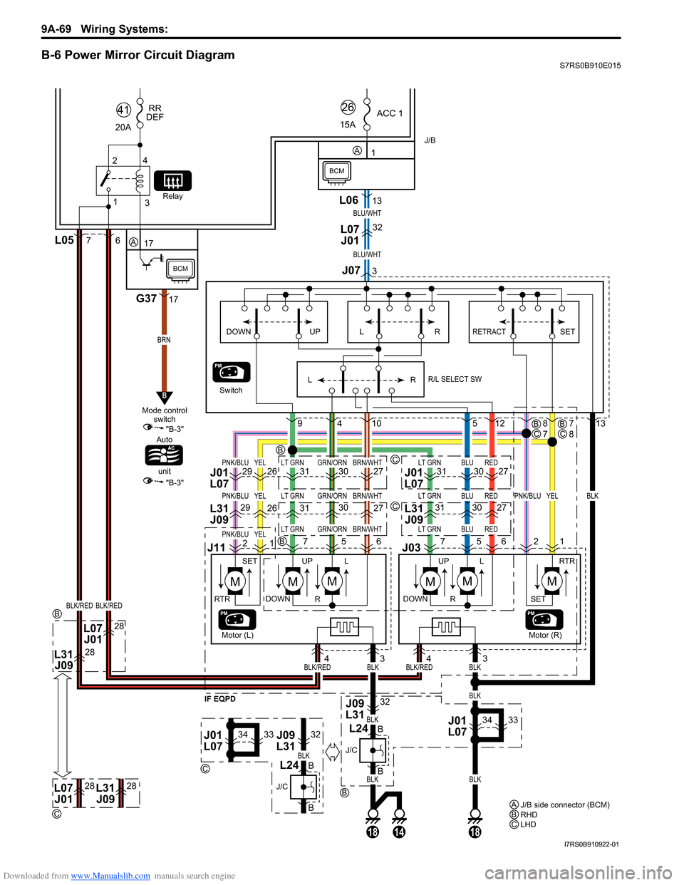 SUZUKI SWIFT 2007 2.G Service Workshop Manual Downloaded from www.Manualslib.com manuals search engine 9A-69 Wiring Systems: 
B-6 Power Mirror Circuit DiagramS7RS0B910E015
13L06
181814
Switch
1
ACC 1
15A26
28L31  J09
28L07J01
BRN
BLK/REDBLK/RED
B