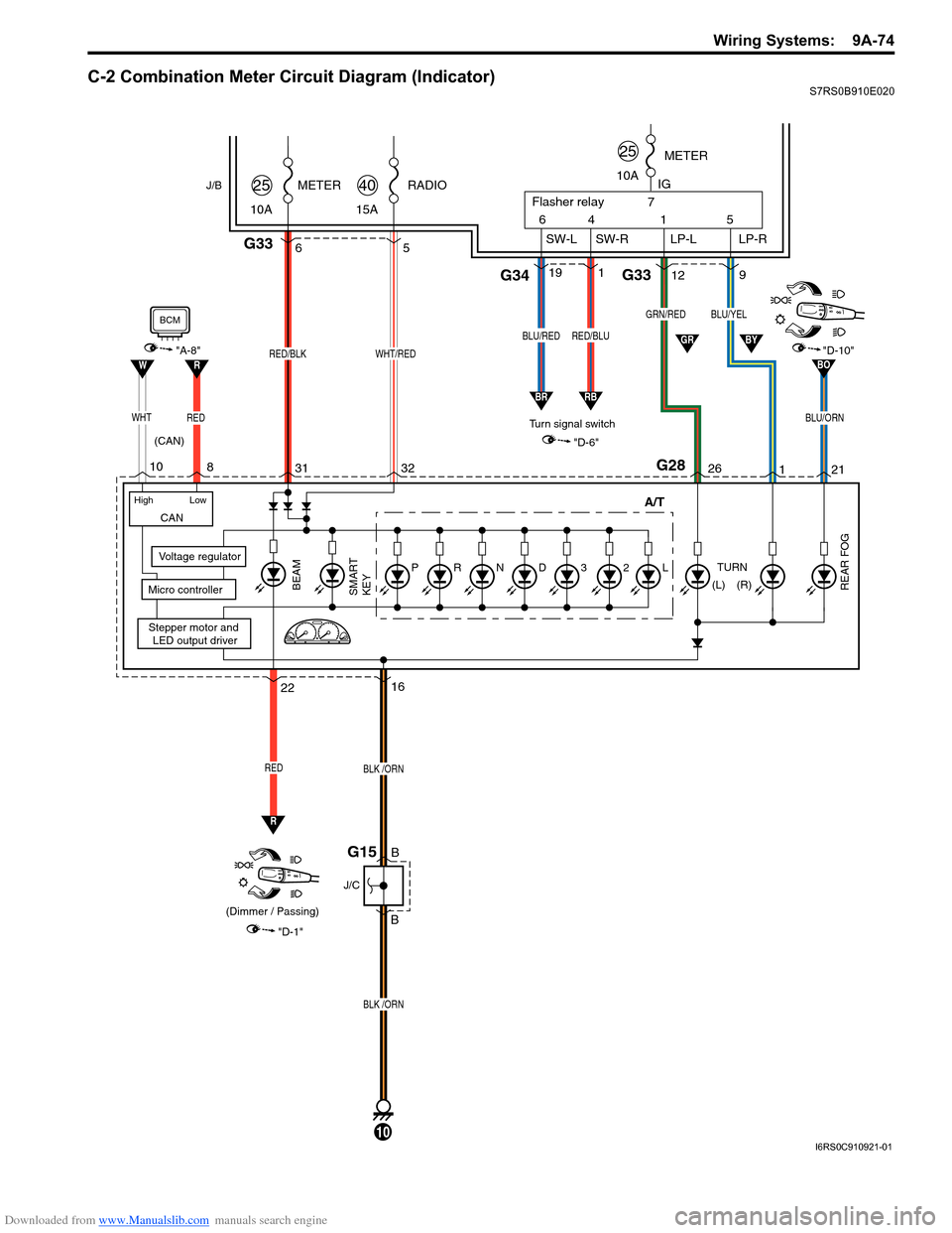 SUZUKI SWIFT 2004 2.G Service Workshop Manual Downloaded from www.Manualslib.com manuals search engine Wiring Systems:  9A-74
C-2 Combination Meter Circuit Diagram (Indicator)S7RS0B910E020
RADIO
15A40METER
10A25
WHT/RED
32
31 5
Stepper motor and 