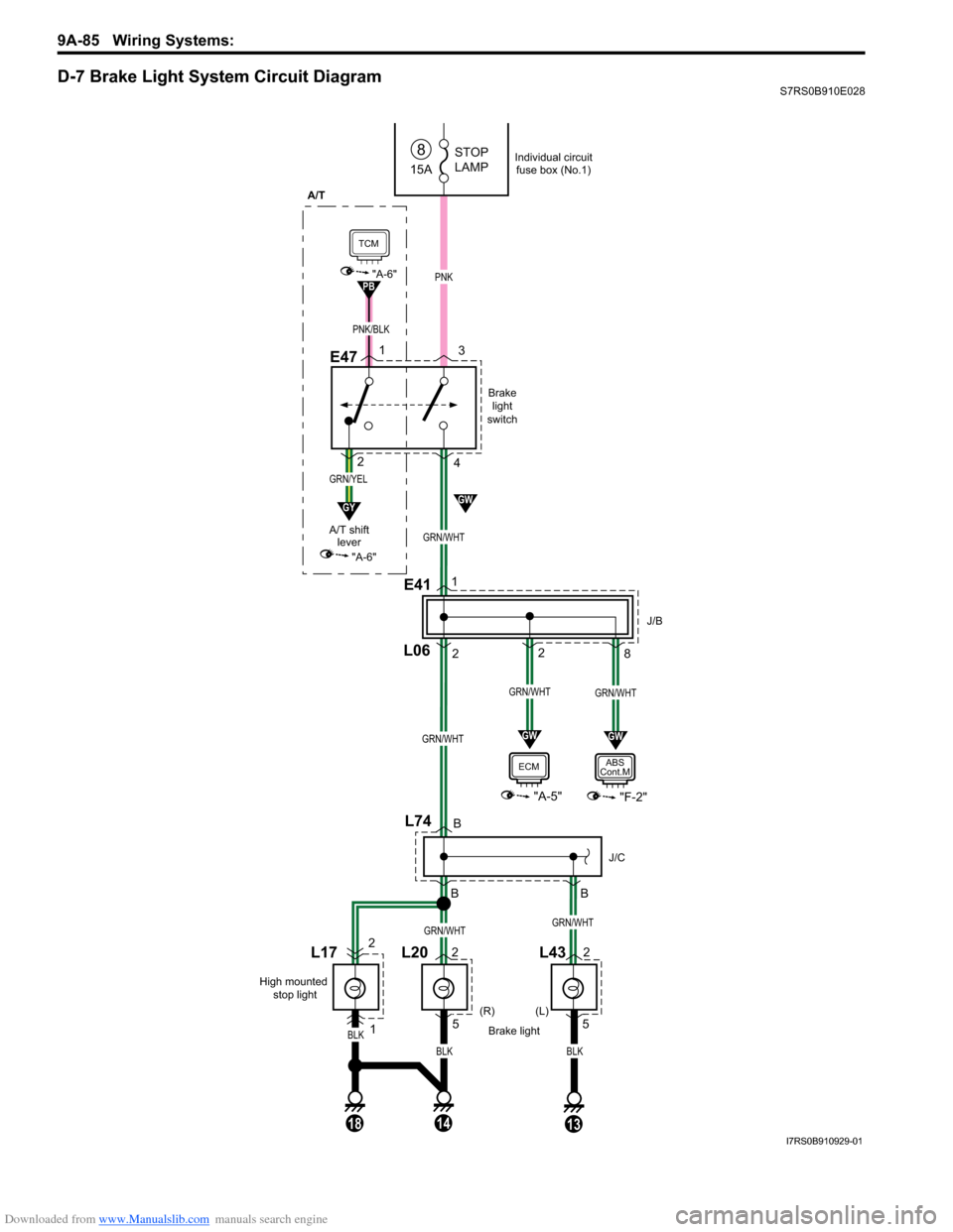 SUZUKI SWIFT 2004 2.G Service Workshop Manual Downloaded from www.Manualslib.com manuals search engine 9A-85 Wiring Systems: 
D-7 Brake Light System Circuit DiagramS7RS0B910E028
Brakelight
switch
 (R)
Brake light
PNK
BLK
 (L)
15A
8STOP
LAMP
E47
L