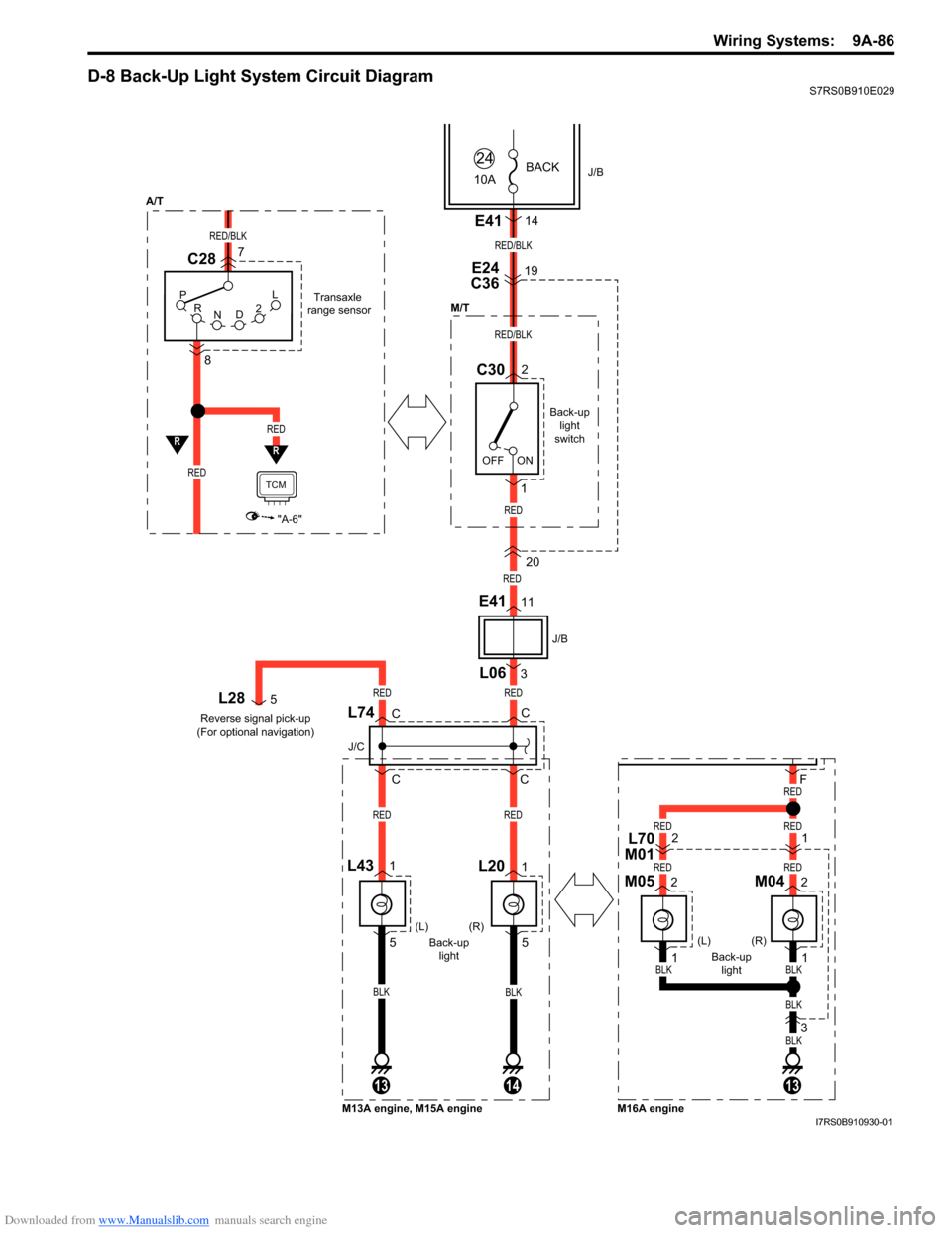SUZUKI SWIFT 2004 2.G Service Workshop Manual Downloaded from www.Manualslib.com manuals search engine Wiring Systems:  9A-86
D-8 Back-Up Light System Circuit DiagramS7RS0B910E029
BLKBLK
141313
CC
C
J/C
L74CL28
Back-up light
switch
Back-up light 