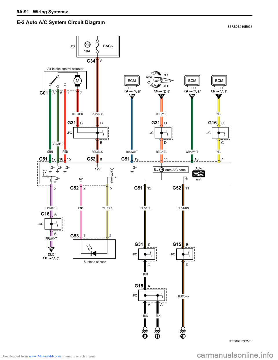 SUZUKI SWIFT 2004 2.G Service Workshop Manual Downloaded from www.Manualslib.com manuals search engine 9A-91 Wiring Systems: 
E-2 Auto A/C System Circuit DiagramS7RS0B910E033
12G53
G51
G52
G51
G52 G52 G51
251211
11
15
17
12V
198
REDGRN
RED/BLK
GR