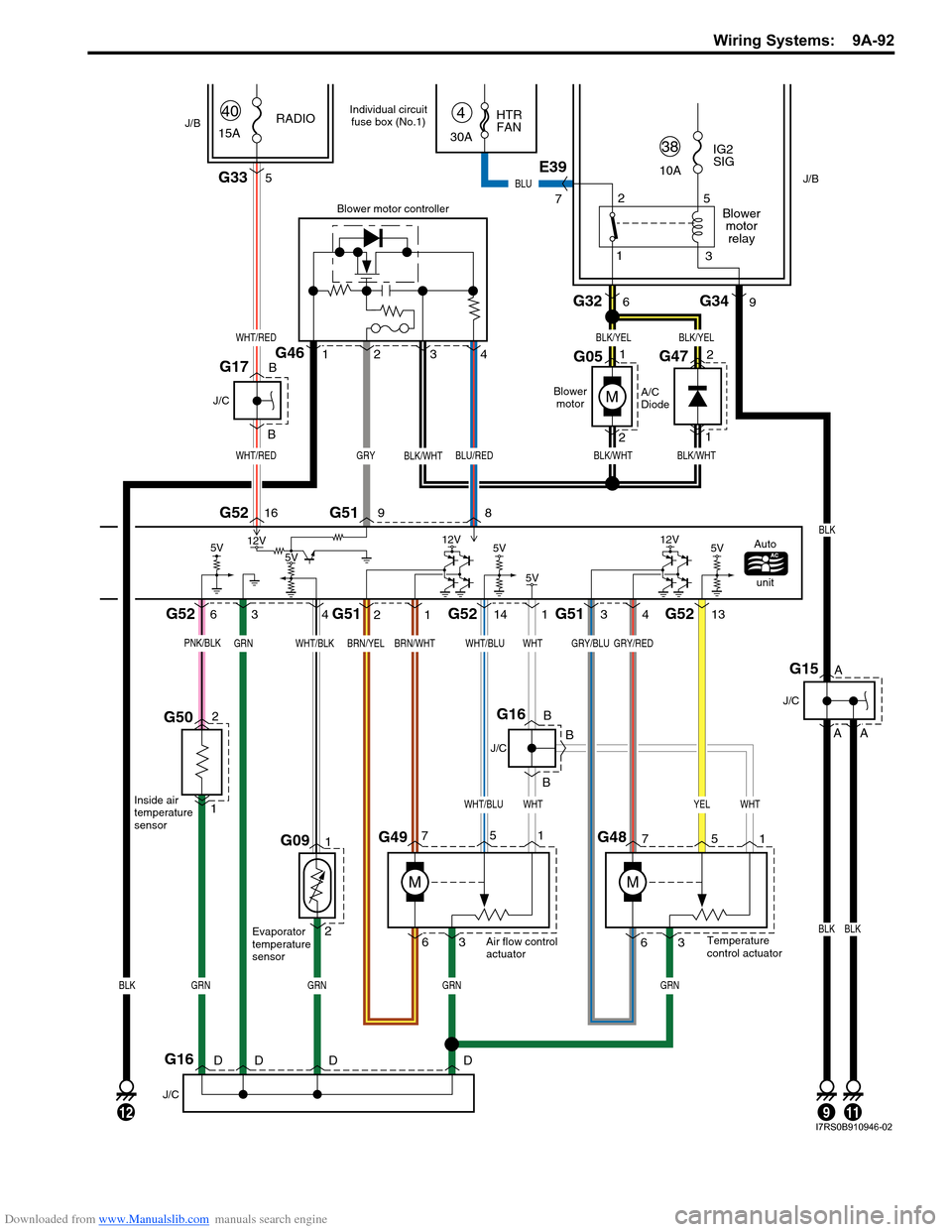 SUZUKI SWIFT 2004 2.G Service Workshop Manual Downloaded from www.Manualslib.com manuals search engine Wiring Systems:  9A-92
G091
2
346
1698G52 G51
G52 G52
G51 G51G52
1
3
7
G495
6
M
G48
M
2
31141413
341
M
2G46
5G33
WHT/RED
WHT/RED
BLK/WHT
GRY/RE