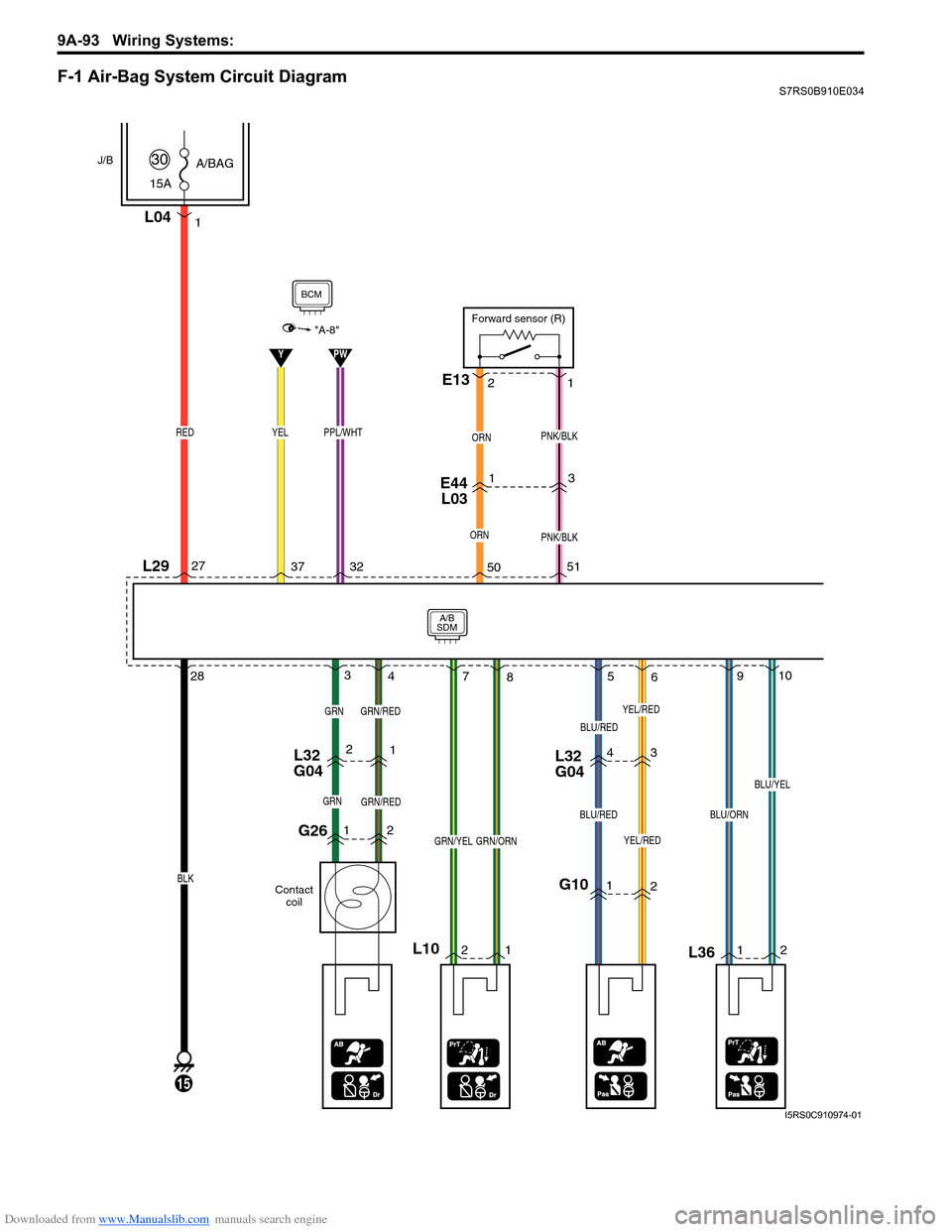 SUZUKI SWIFT 2004 2.G Service Workshop Manual Downloaded from www.Manualslib.com manuals search engine 9A-93 Wiring Systems: 
F-1 Air-Bag System Circuit DiagramS7RS0B910E034
3
ORN
YPW
A/B
SDM
L29
J/B
15A A/BAG
30
RED
L04
BCM
15
BLK
1
E44 
L031
PN