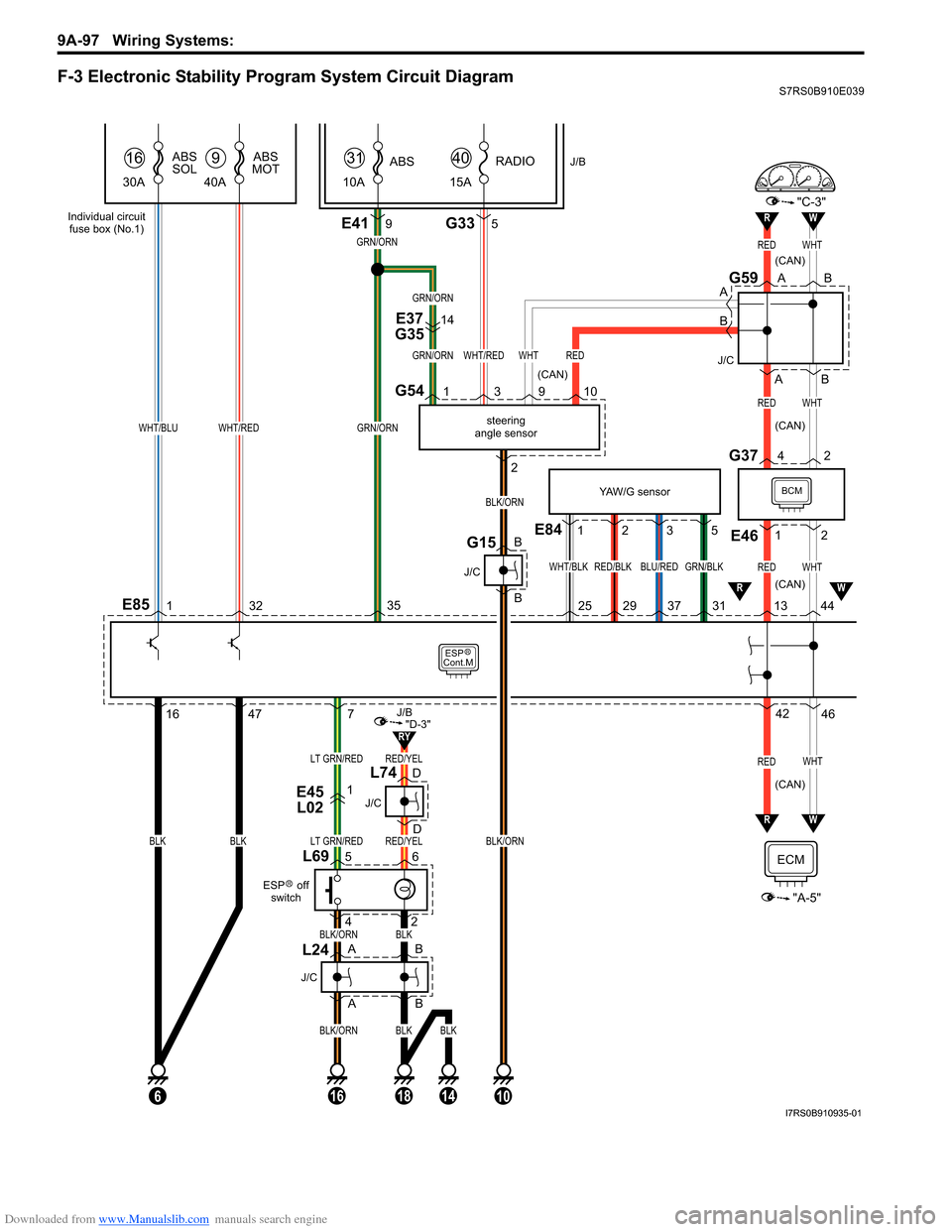 SUZUKI SWIFT 2004 2.G Service Workshop Manual Downloaded from www.Manualslib.com manuals search engine 9A-97 Wiring Systems: 
F-3 Electronic Stability Program System Circuit DiagramS7RS0B910E039
1647
132 13
44E85
BLK
ABS
SOLABS
MOT
WHT/REDWHT/BLU