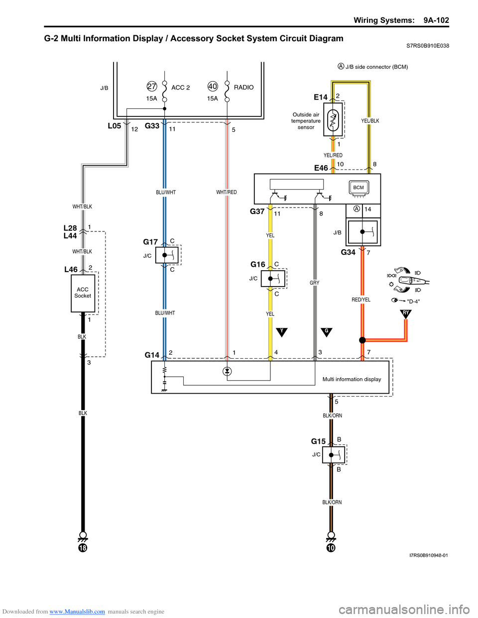 SUZUKI SWIFT 2008 2.G Service Workshop Manual Downloaded from www.Manualslib.com manuals search engine Wiring Systems:  9A-102
G-2 Multi Information Display / Accessory Socket System Circuit DiagramS7RS0B910E038
11
BLU/WHT
BLU/WHT
15AACC 2
27
J/C