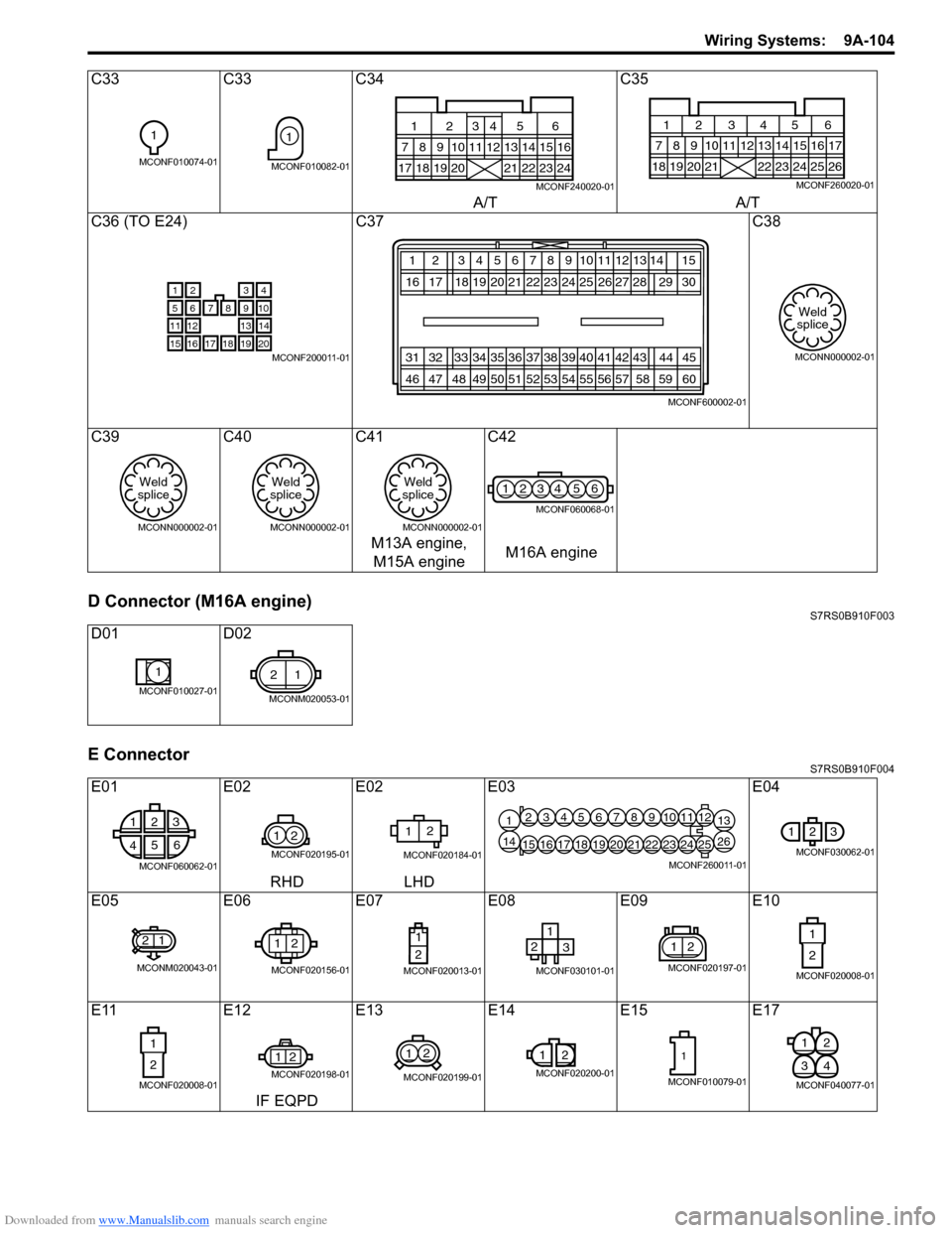 SUZUKI SWIFT 2008 2.G Service Workshop Manual Downloaded from www.Manualslib.com manuals search engine Wiring Systems:  9A-104
D Connector (M16A engine)S7RS0B910F003
E ConnectorS7RS0B910F004
C33C33C34 C35
A/T A/T
C36 (TO E24) C37 C38
C39 C40C41 C