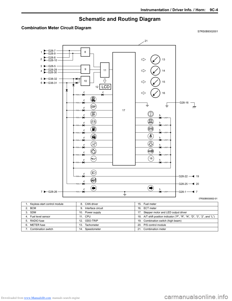 SUZUKI SWIFT 2008 2.G Service Workshop Manual Downloaded from www.Manualslib.com manuals search engine Instrumentation / Driver Info. / Horn:  9C-4
Schematic and Routing Diagram
Combination Meter Circuit DiagramS7RS0B9302001
16
15
14
13
G28-5
5
6