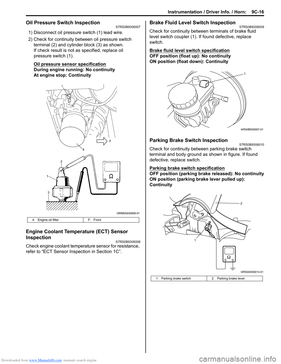 SUZUKI SWIFT 2004 2.G Service Workshop Manual Downloaded from www.Manualslib.com manuals search engine Instrumentation / Driver Info. / Horn: 9C-16
Oil Pressure Switch InspectionS7RS0B9306007
1) Disconnect oil pressure switch (1) lead wire.
2) SUZUKI SWIFT 2004 2.G Service Workshop Manual Downloaded from www.Manualslib.com manuals search engine Instrumentation / Driver Info. / Horn: 9C-16
Oil Pressure Switch InspectionS7RS0B9306007
1) Disconnect oil pressure switch (1) lead wire.
2)