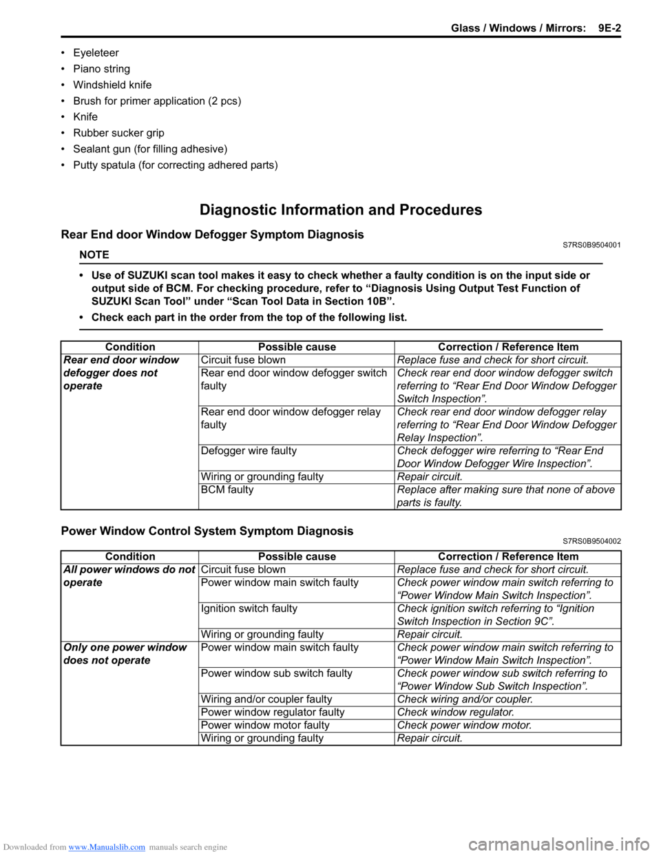 SUZUKI SWIFT 2008 2.G Service Workshop Manual Downloaded from www.Manualslib.com manuals search engine Glass / Windows / Mirrors:  9E-2
• Eyeleteer
• Piano string
• Windshield knife
• Brush for primer application (2 pcs)
•Knife
• Rubb