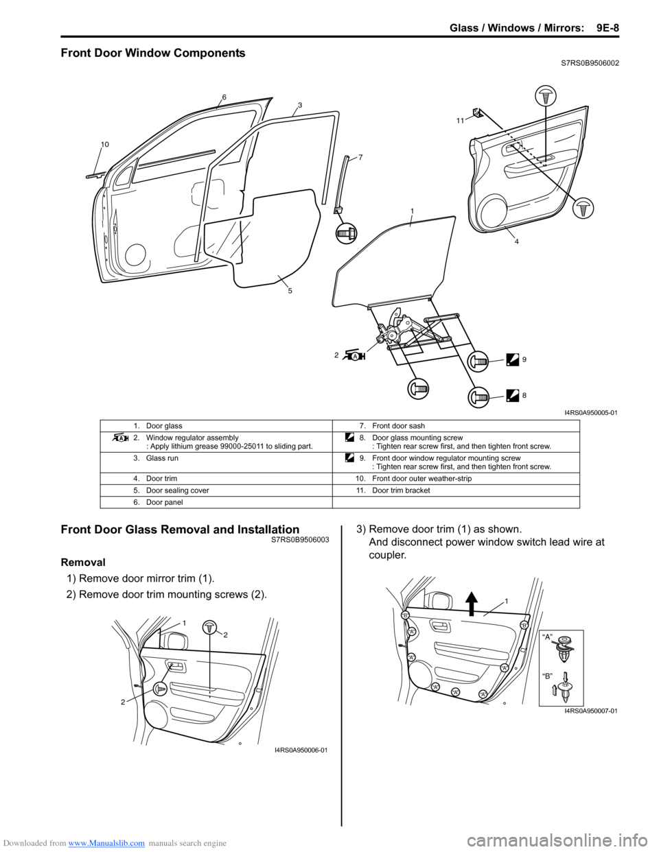 SUZUKI SWIFT 2004 2.G Service Workshop Manual Downloaded from www.Manualslib.com manuals search engine Glass / Windows / Mirrors:  9E-8
Front Door Window ComponentsS7RS0B9506002
Front Door Glass Removal and InstallationS7RS0B9506003
Removal1) Rem
