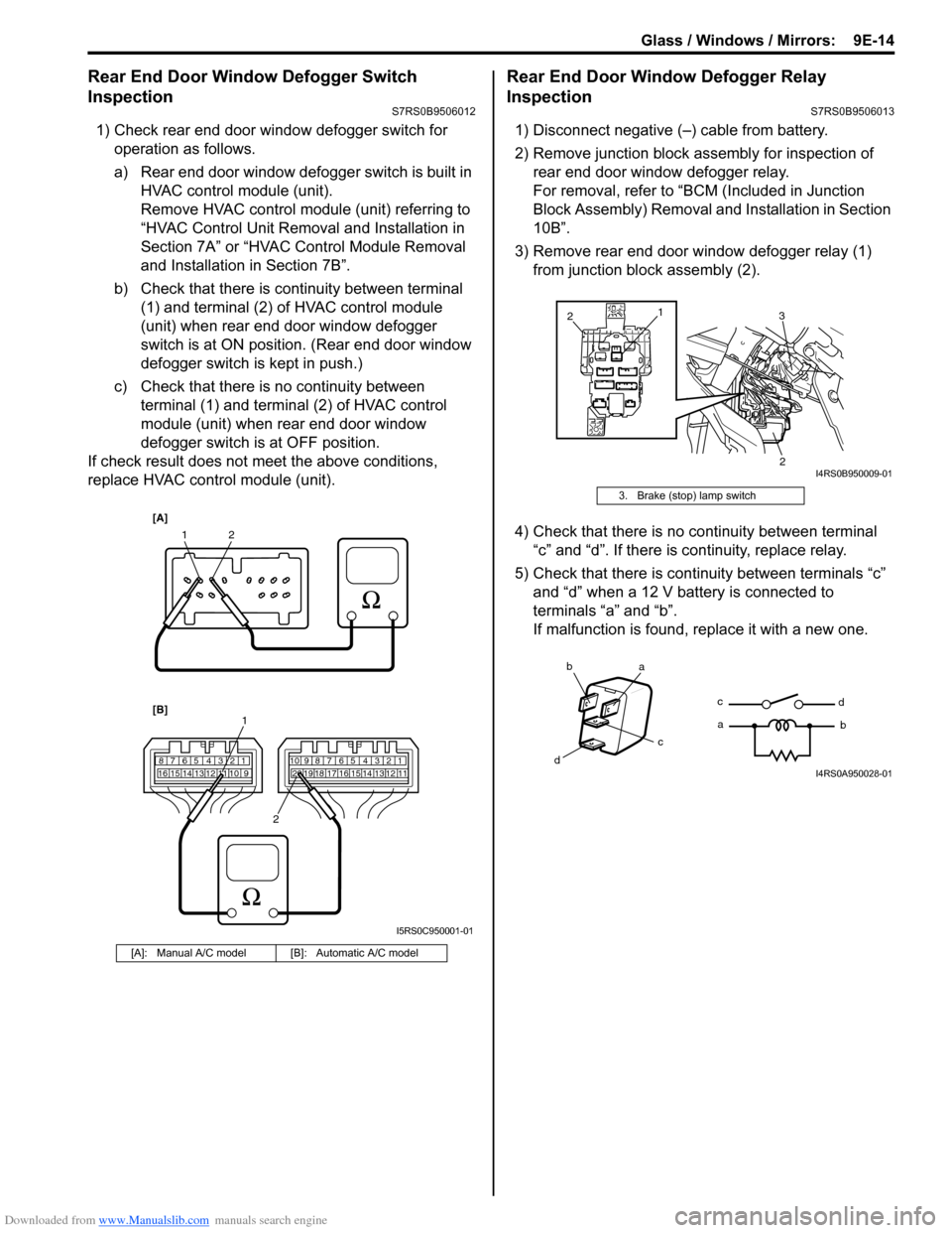 SUZUKI SWIFT 2004 2.G Service Workshop Manual Downloaded from www.Manualslib.com manuals search engine Glass / Windows / Mirrors: 9E-14
Rear End Door Window Defogger Switch
Inspection
S7RS0B9506012
1) Check rear end door window defogger switch SUZUKI SWIFT 2004 2.G Service Workshop Manual Downloaded from www.Manualslib.com manuals search engine Glass / Windows / Mirrors: 9E-14
Rear End Door Window Defogger Switch
Inspection
S7RS0B9506012
1) Check rear end door window defogger switch