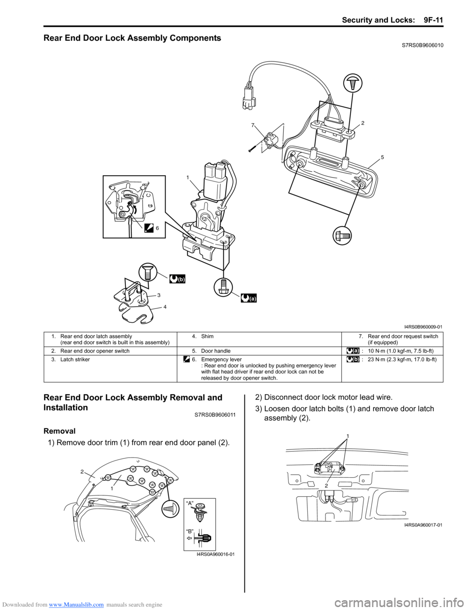 SUZUKI SWIFT 2004 2.G Service Workshop Manual Downloaded from www.Manualslib.com manuals search engine Security and Locks:  9F-11
Rear End Door Lock Assembly ComponentsS7RS0B9606010
Rear End Door Lock Assembly Removal and 
Installation
S7RS0B9606