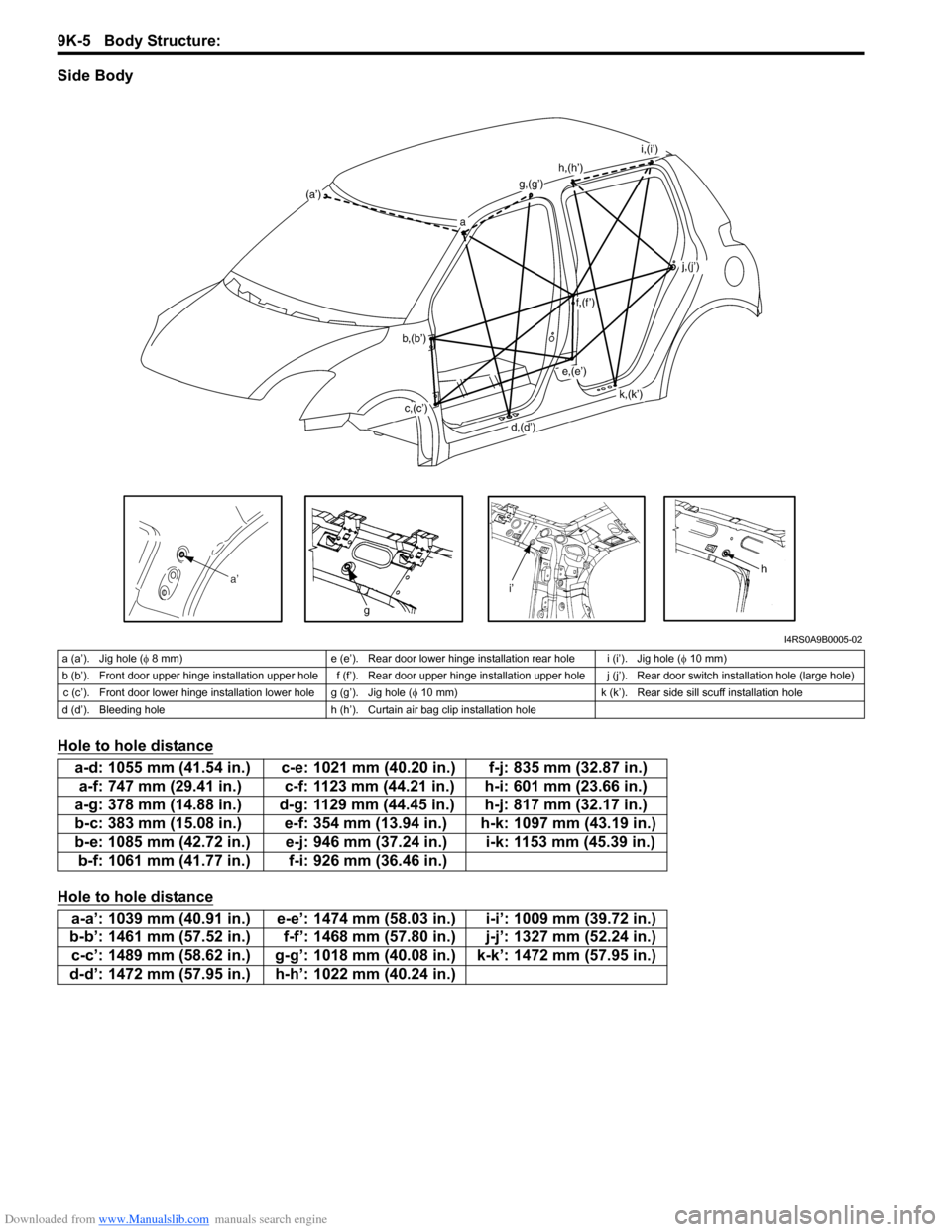 SUZUKI SWIFT 2004 2.G Service Workshop Manual Downloaded from www.Manualslib.com manuals search engine 9K-5 Body Structure:
Side Body
Hole to hole distance
Hole to hole distance
I4RS0A9B0005-02
a (a’). Jig hole (φ 8 mm) e (e’). Rear door lo SUZUKI SWIFT 2004 2.G Service Workshop Manual Downloaded from www.Manualslib.com manuals search engine 9K-5 Body Structure:
Side Body
Hole to hole distance
Hole to hole distance
I4RS0A9B0005-02
a (a’). Jig hole (φ 8 mm) e (e’). Rear door lo