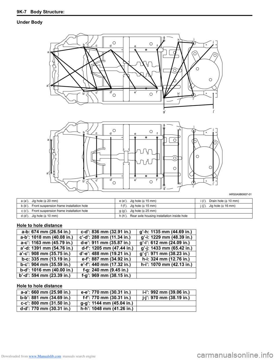 SUZUKI SWIFT 2004 2.G Service Workshop Manual Downloaded from www.Manualslib.com manuals search engine 9K-7 Body Structure:
Under Body
Hole to hole distance
Hole to hole distance
ab
c d e fg
h i
j
a bc
d
e f
g i
j
a b
c d e f SUZUKI SWIFT 2004 2.G Service Workshop Manual Downloaded from www.Manualslib.com manuals search engine 9K-7 Body Structure:
Under Body
Hole to hole distance
Hole to hole distance
ab
c d e fg
h i
j
a bc
d
e f
g i
j
a b
c d e f