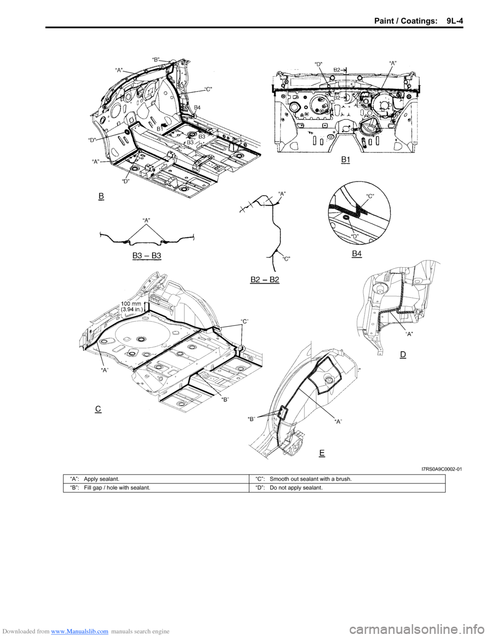 SUZUKI SWIFT 2004 2.G Service Workshop Manual Downloaded from www.Manualslib.com manuals search engine Paint / Coatings:  9L-4
I7RS0A9C0002-01
“A”: Apply sealant.“C”: Smooth out sealant with a brush.
“B”: Fill gap / hole with sealant.