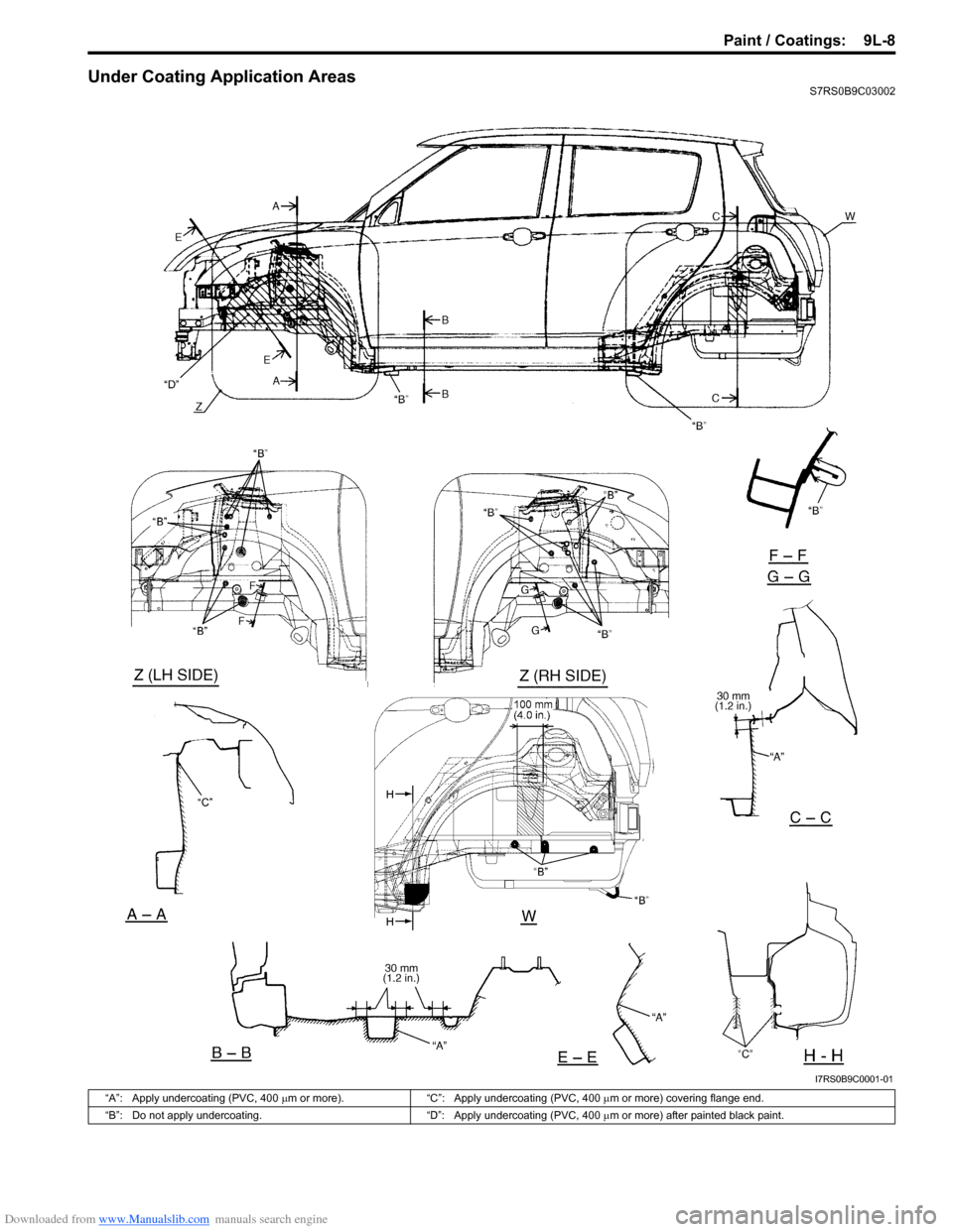 SUZUKI SWIFT 2004 2.G Service Workshop Manual Downloaded from www.Manualslib.com manuals search engine Paint / Coatings:  9L-8
Under Coating Application AreasS7RS0B9C03002
I7RS0B9C0001-01
“A”: Apply undercoating (PVC, 400 µm or more). “C