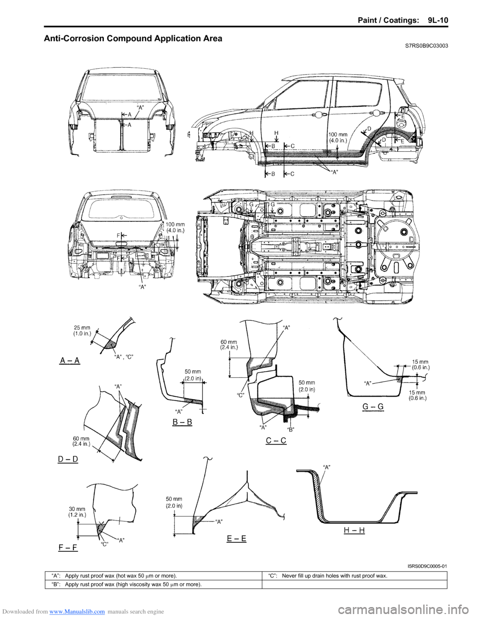 SUZUKI SWIFT 2004 2.G Service Workshop Manual Downloaded from www.Manualslib.com manuals search engine Paint / Coatings:  9L-10
Anti-Corrosion Compound Application AreaS7RS0B9C03003
I5RS0D9C0005-01
“A”: Apply rust proof wax (hot wax 50 µm or