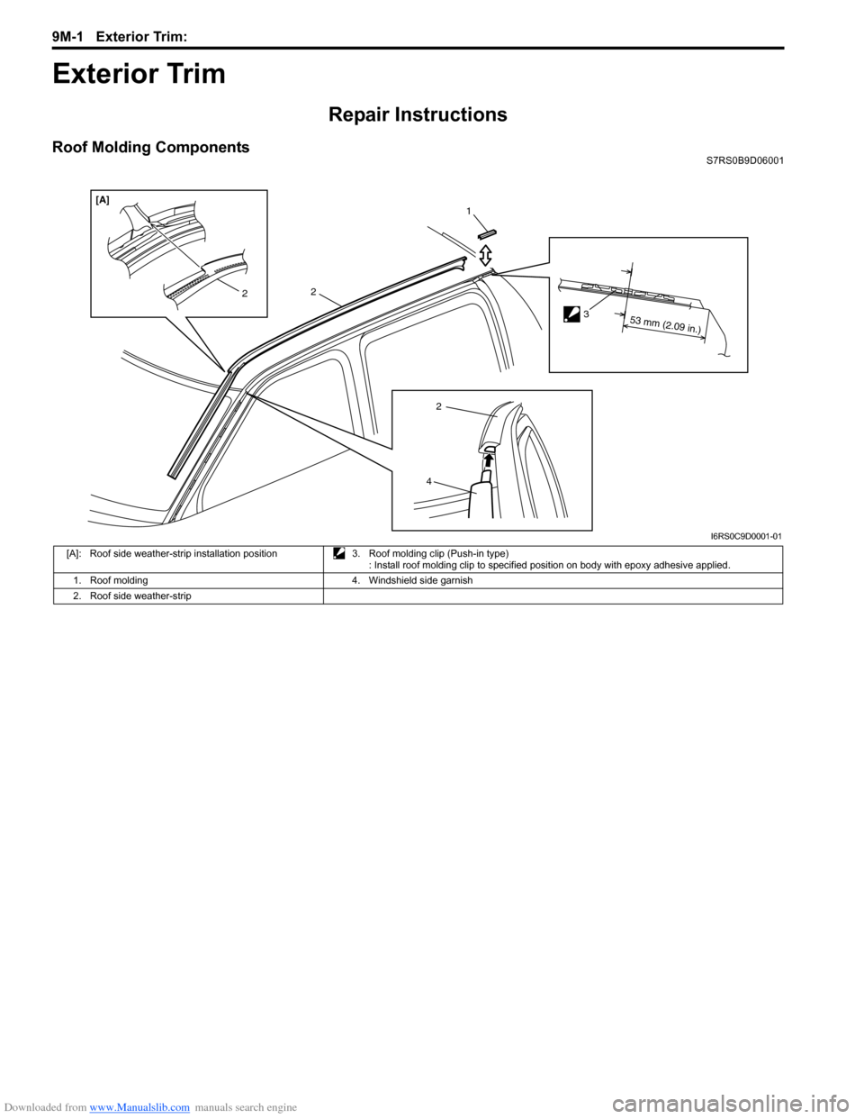 SUZUKI SWIFT 2004 2.G Service Workshop Manual Downloaded from www.Manualslib.com manuals search engine 9M-1 Exterior Trim: 
Body, Cab and Accessories
Exterior Trim
Repair Instructions
Roof Molding ComponentsS7RS0B9D06001
42
2
1
3
[A]
2
53 mm (2.0