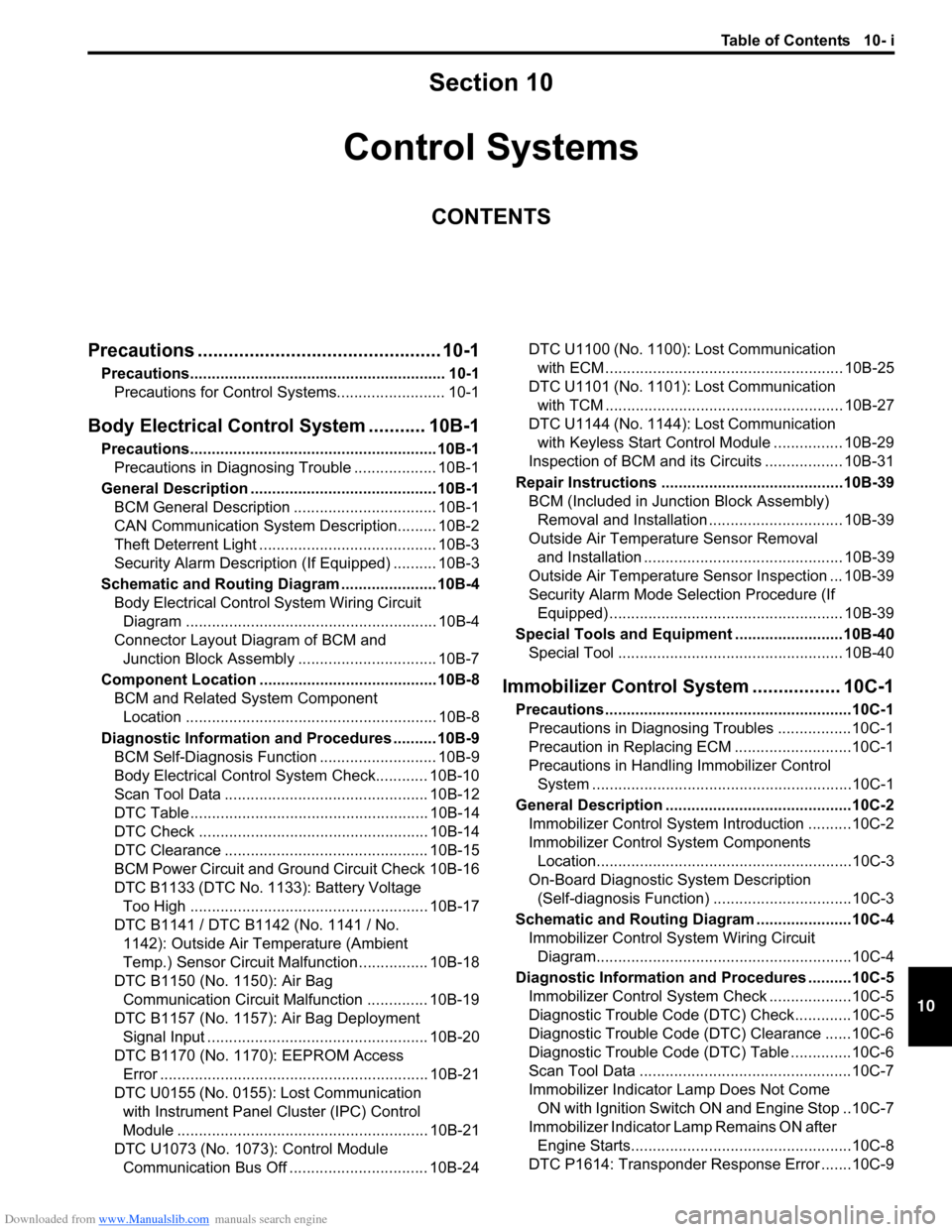 SUZUKI SWIFT 2008 2.G Service Workshop Manual Downloaded from www.Manualslib.com manuals search engine Table of Contents 10- i
10
Section 10
CONTENTS
Control Systems
Precautions ............................................... 10-1
Precautions....