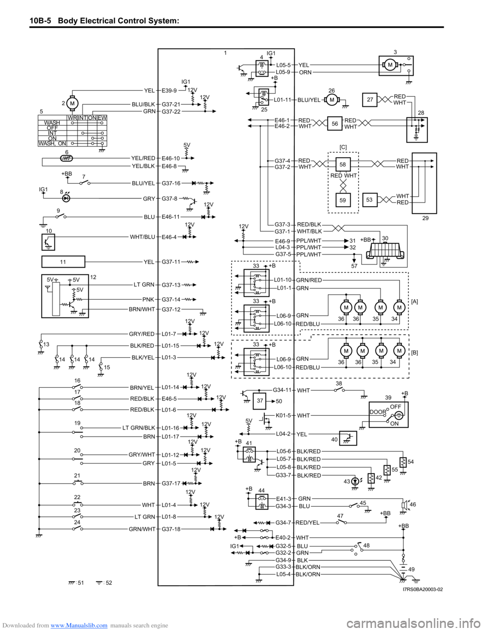 SUZUKI SWIFT 2004 2.G Service Workshop Manual Downloaded from www.Manualslib.com manuals search engine 10B-5 Body Electrical Control System:
GRY/RED
BLK/YEL
BLK/RED
12V
12V
+BB
BLU/YEL
BLU
12V
WHT/BLU
12V
+BB
RED/YEL
G34-7
YEL/REDYEL/BLK
5V
IG1
SUZUKI SWIFT 2004 2.G Service Workshop Manual Downloaded from www.Manualslib.com manuals search engine 10B-5 Body Electrical Control System:
GRY/RED
BLK/YEL
BLK/RED
12V
12V
+BB
BLU/YEL
BLU
12V
WHT/BLU
12V
+BB
RED/YEL
G34-7
YEL/REDYEL/BLK
5V
IG1