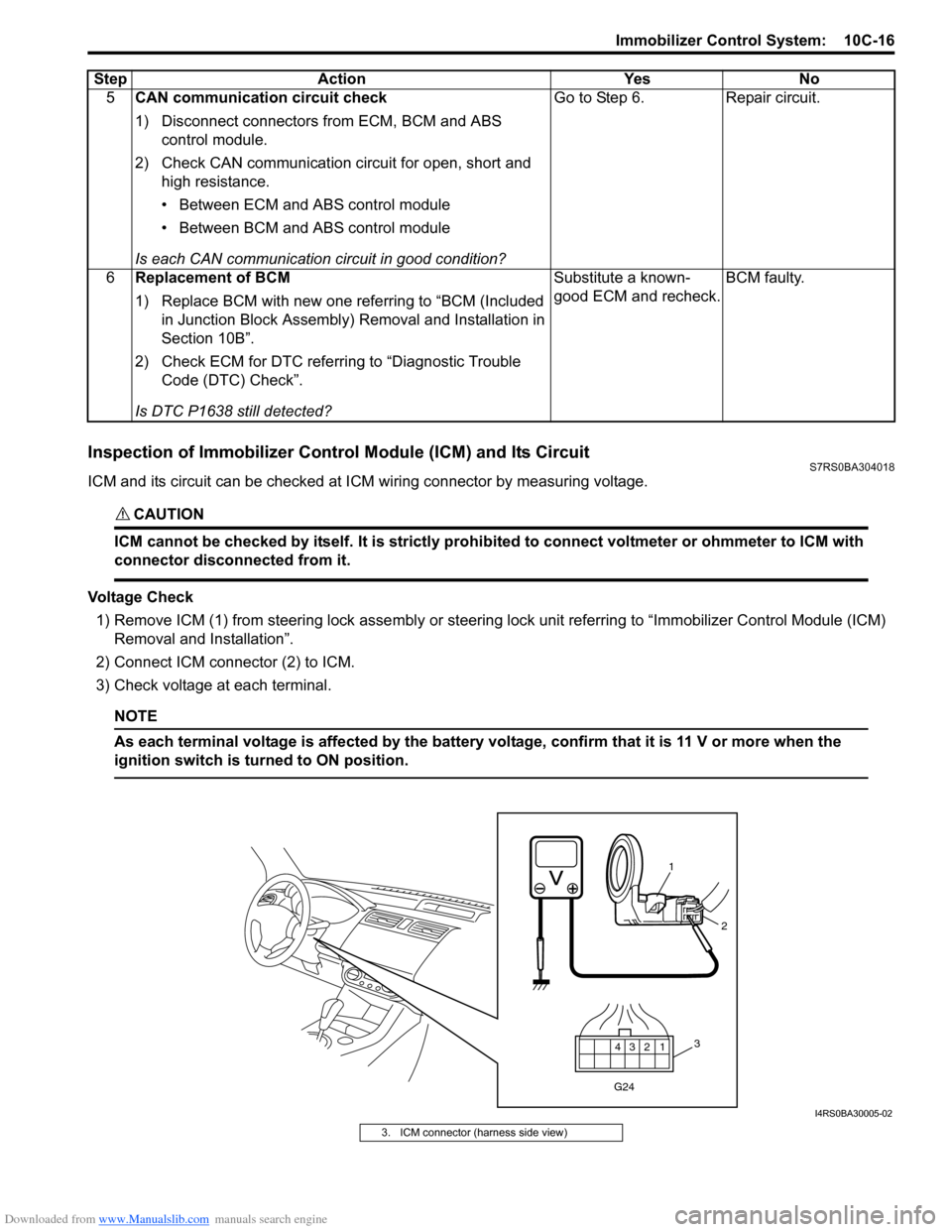 SUZUKI SWIFT 2008 2.G Service Workshop Manual Downloaded from www.Manualslib.com manuals search engine Immobilizer Control System:  10C-16
Inspection of Immobilizer Control Module (ICM) and Its CircuitS7RS0BA304018
ICM and its circuit can be chec