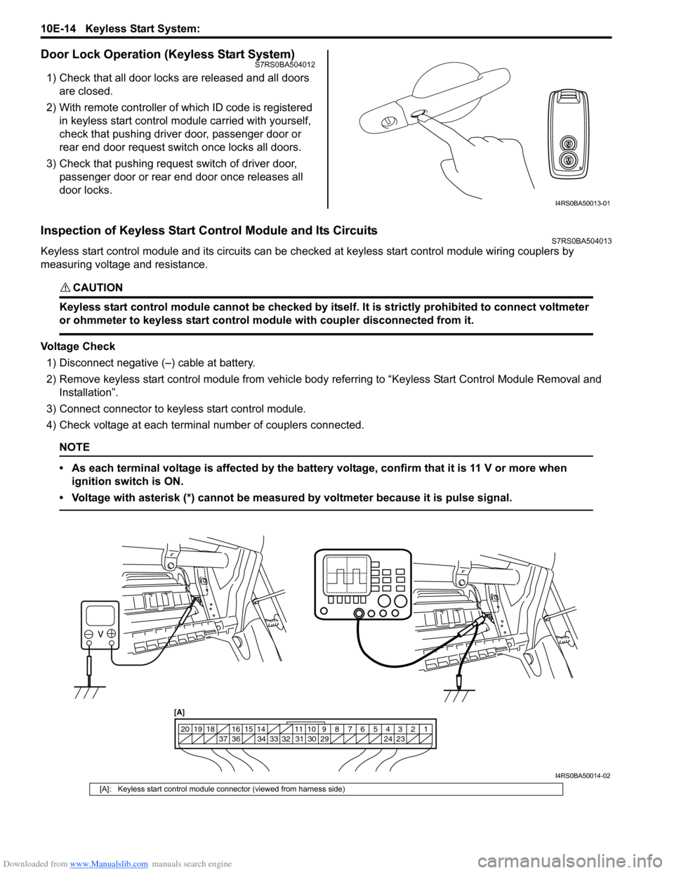 SUZUKI SWIFT 2004 2.G Service Workshop Manual Downloaded from www.Manualslib.com manuals search engine 10E-14 Keyless Start System:
Door Lock Operation (Keyless Start System)S7RS0BA504012
1) Check that all door locks are released and all doors a SUZUKI SWIFT 2004 2.G Service Workshop Manual Downloaded from www.Manualslib.com manuals search engine 10E-14 Keyless Start System:
Door Lock Operation (Keyless Start System)S7RS0BA504012
1) Check that all door locks are released and all doors a