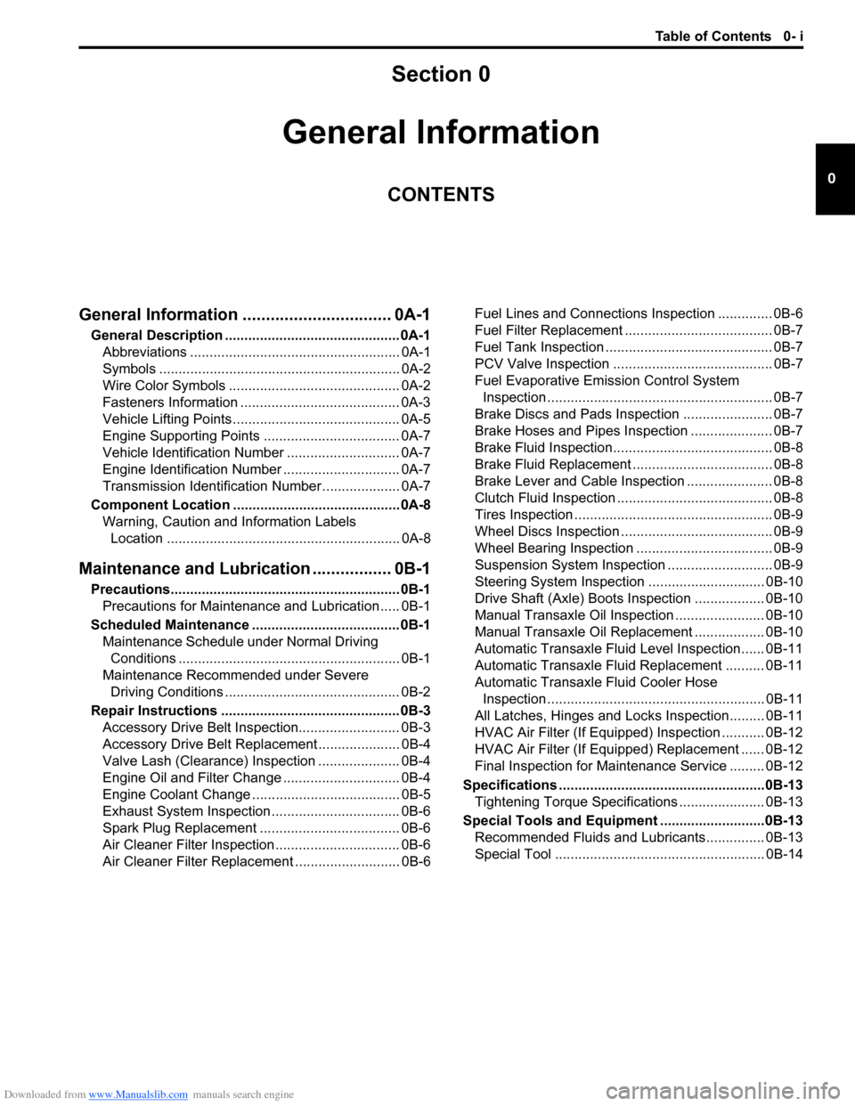 SUZUKI SWIFT 2008 2.G Service Workshop Manual Downloaded from www.Manualslib.com manuals search engine Table of Contents 0- i
0
Section 0
CONTENTS
General Information
General Information ................................ 0A-1
General Description .