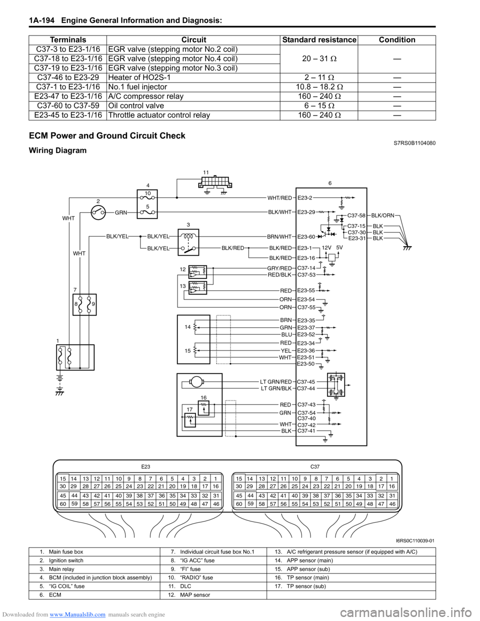 SUZUKI SWIFT 2008 2.G Service Workshop Manual Downloaded from www.Manualslib.com manuals search engine 1A-194 Engine General Information and Diagnosis: 
ECM Power and Ground Circuit CheckS7RS0B1104080
Wiring DiagramC37-3 to E23-1/16 EGR valve 
(s