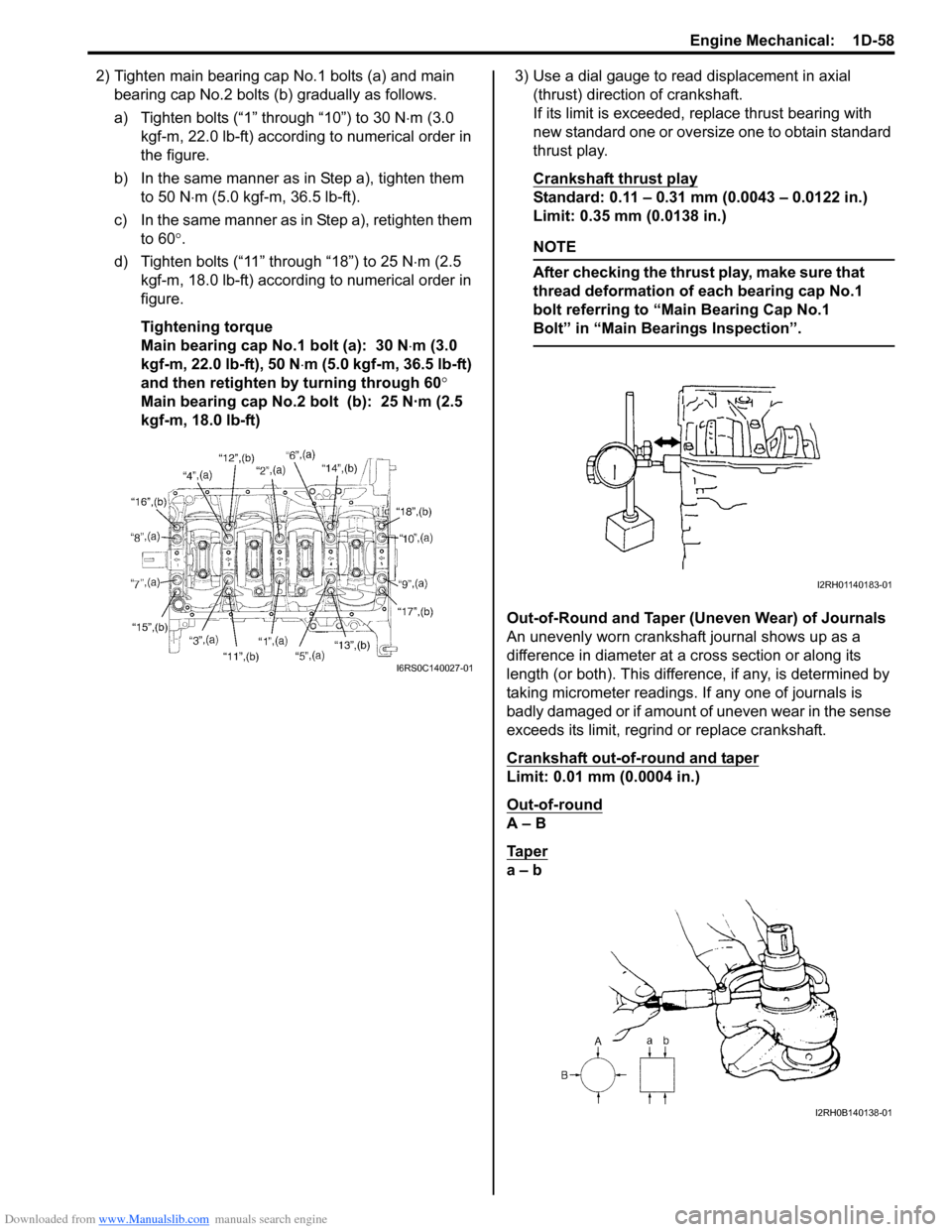 SUZUKI SWIFT 2007 2.G Service Workshop Manual Downloaded from www.Manualslib.com manuals search engine Engine Mechanical:  1D-58
2) Tighten main bearing cap No.1 bolts (a) and main bearing cap No.2 bolts (b ) gradually as follows.
a) Tighten bolt