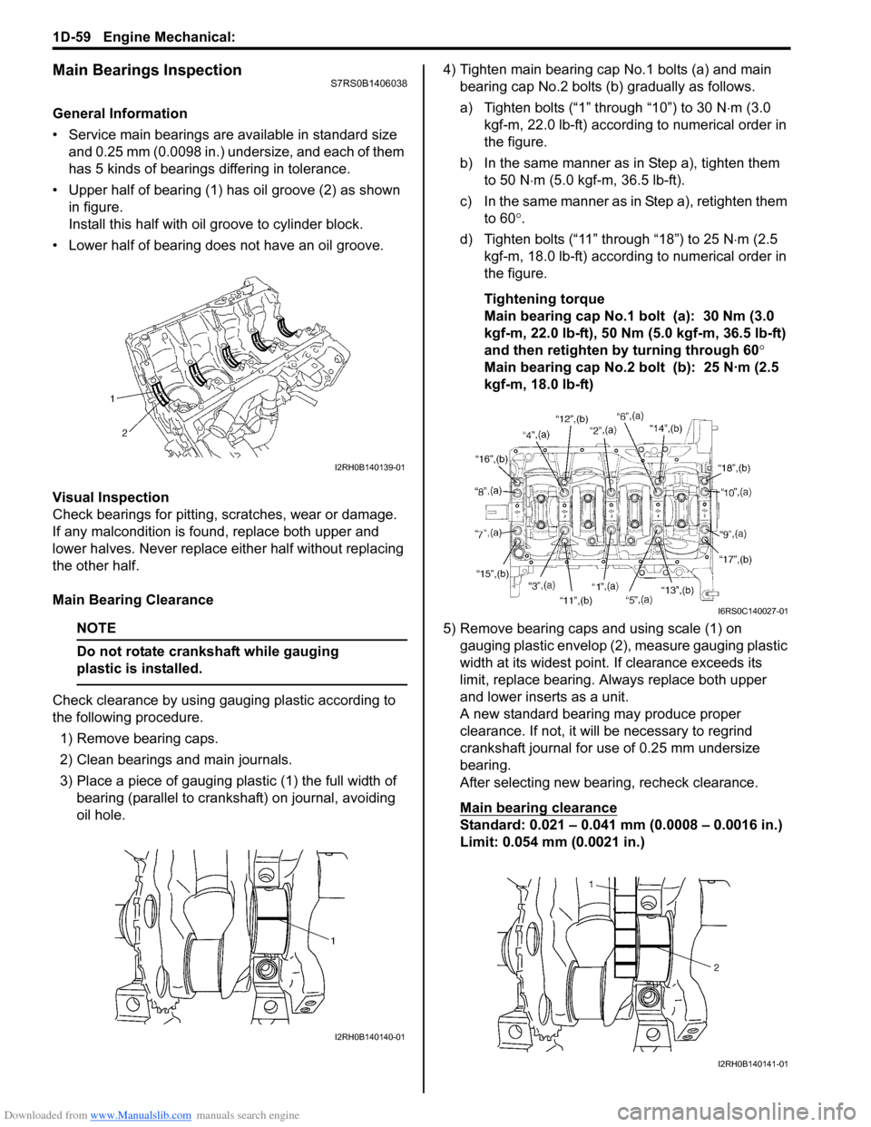 SUZUKI SWIFT 2007 2.G Service Workshop Manual Downloaded from www.Manualslib.com manuals search engine 1D-59 Engine Mechanical: 
Main Bearings InspectionS7RS0B1406038
General Information
• Service main bearings are available in standard size an