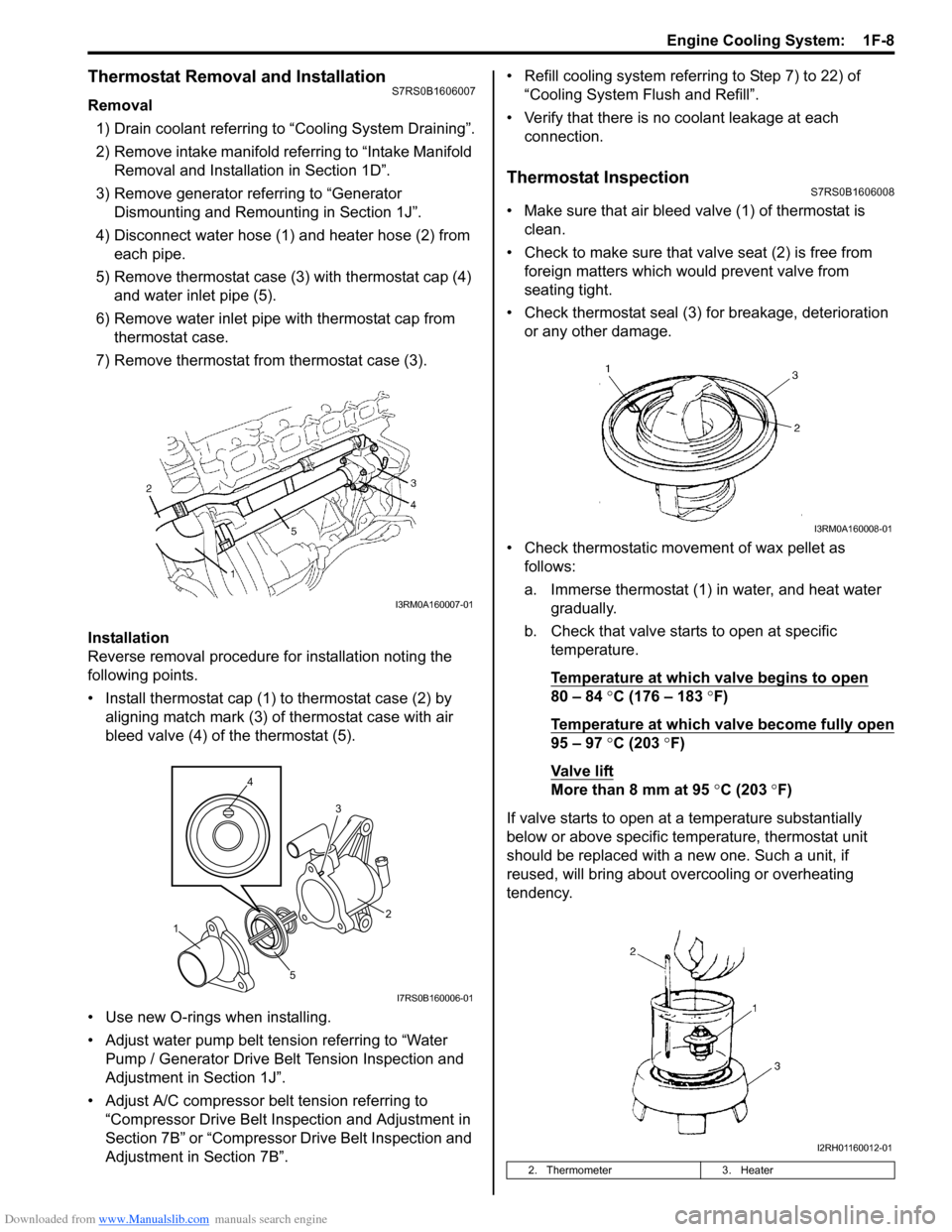 SUZUKI SWIFT 2007 2.G Service Workshop Manual Downloaded from www.Manualslib.com manuals search engine Engine Cooling System:  1F-8
Thermostat Removal and InstallationS7RS0B1606007
Removal1) Drain coolant referring to “Cooling System Draining�