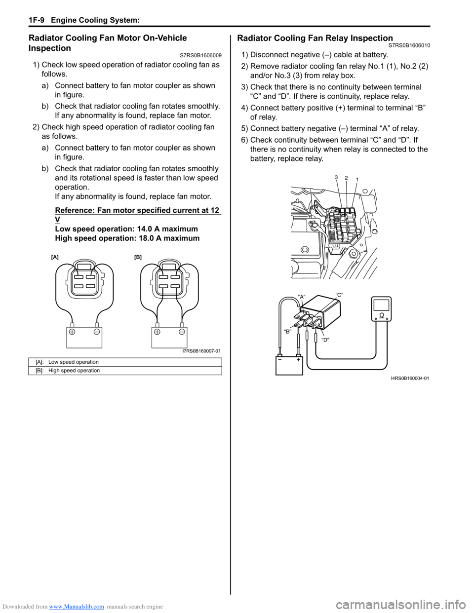 SUZUKI SWIFT 2007 2.G Service Workshop Manual Downloaded from www.Manualslib.com manuals search engine 1F-9 Engine Cooling System: 
Radiator Cooling Fan Motor On-Vehicle 
Inspection
S7RS0B1606009
1) Check low speed operation of radiator cooling f