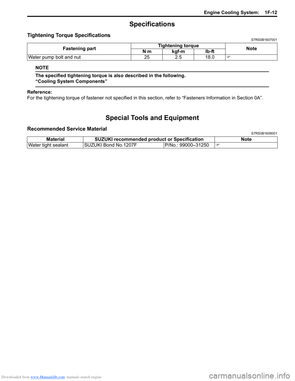 SUZUKI SWIFT 2007 2.G Service Workshop Manual Downloaded from www.Manualslib.com manuals search engine Engine Cooling System:  1F-12
Specifications
Tightening Torque SpecificationsS7RS0B1607001
NOTE
The specified tightening torque is also describ