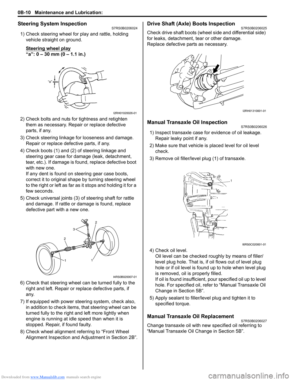 SUZUKI SWIFT 2007 2.G Service Workshop Manual Downloaded from www.Manualslib.com manuals search engine 0B-10 Maintenance and Lubrication: 
Steering System InspectionS7RS0B0206024
1) Check steering wheel for play and rattle, holding vehicle straig