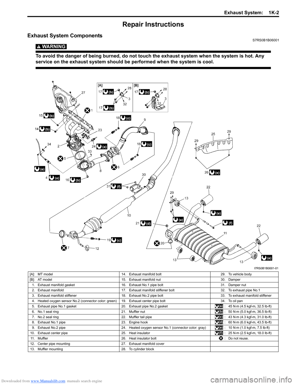SUZUKI SWIFT 2008 2.G Service Workshop Manual Downloaded from www.Manualslib.com manuals search engine Exhaust System:  1K-2
Repair Instructions
Exhaust System ComponentsS7RS0B1B06001
WARNING! 
To avoid the danger of being burned, do not touch th