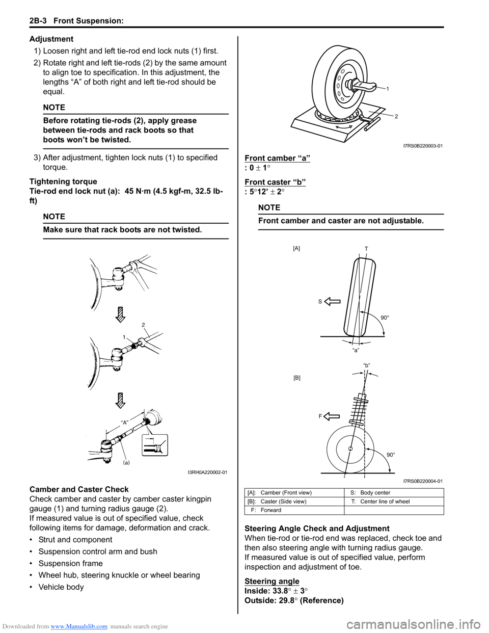 SUZUKI SWIFT 2008 2.G Service Workshop Manual Downloaded from www.Manualslib.com manuals search engine 2B-3 Front Suspension: 
Adjustment1) Loosen right and left tie-rod end lock nuts (1) first.
2) Rotate right and left tie-rods (2) by the same a