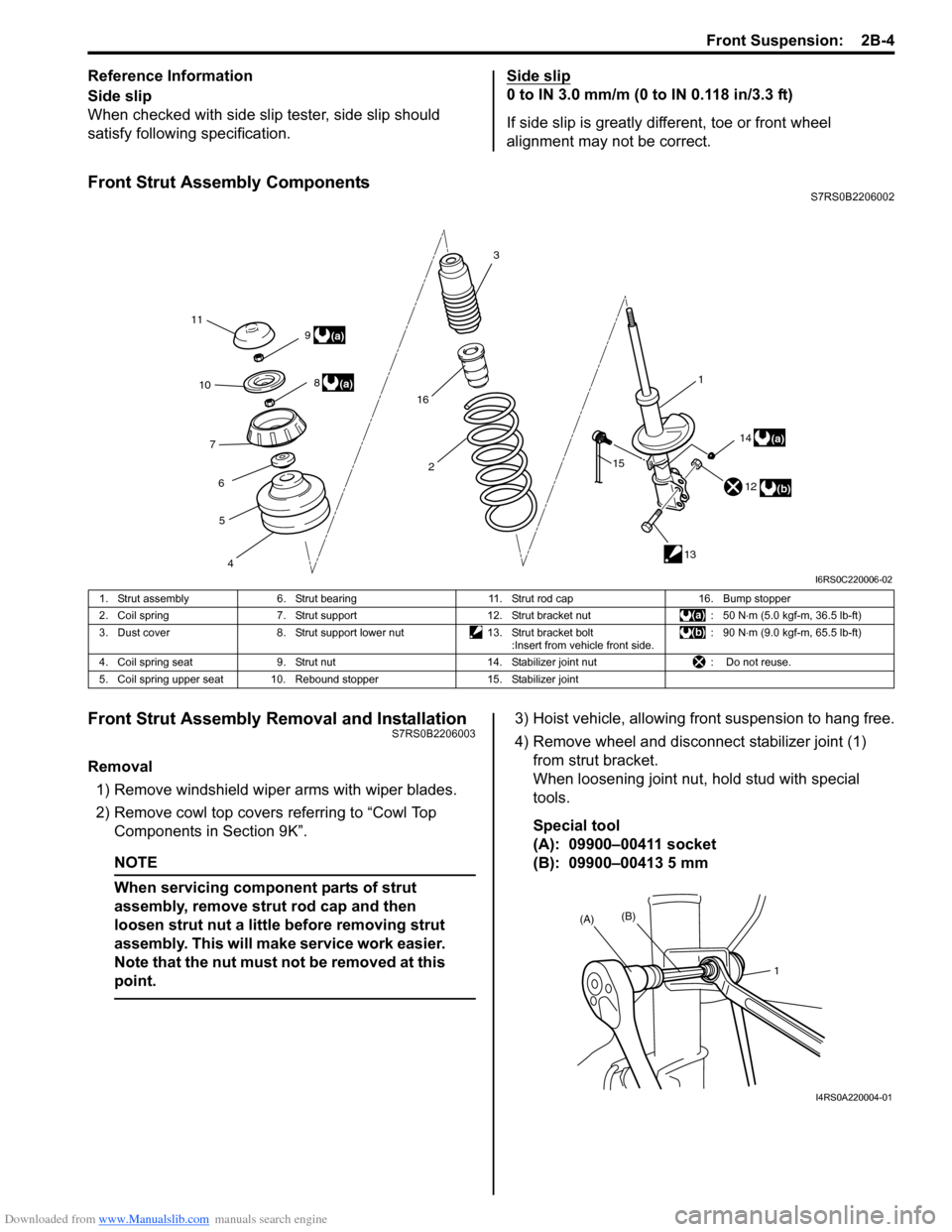 SUZUKI SWIFT 2008 2.G Service Workshop Manual Downloaded from www.Manualslib.com manuals search engine Front Suspension:  2B-4
Reference Information
Side slip
When checked with side slip tester, side slip should 
satisfy following specification.S