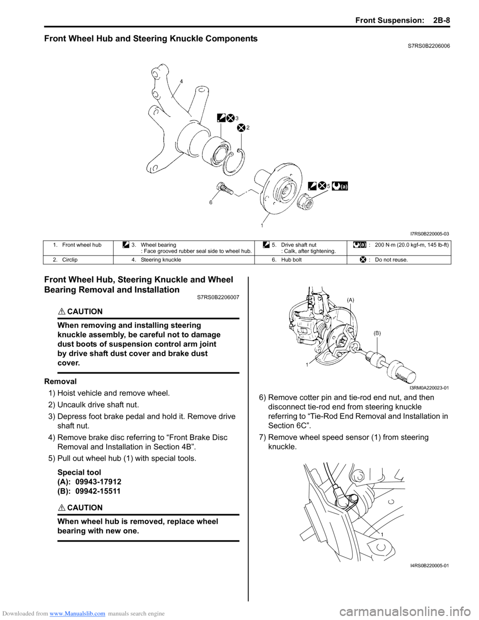 SUZUKI SWIFT 2007 2.G Service Workshop Manual Downloaded from www.Manualslib.com manuals search engine Front Suspension:  2B-8
Front Wheel Hub and Steering Knuckle ComponentsS7RS0B2206006
Front Wheel Hub, Steering Knuckle and Wheel 
Bearing Remov