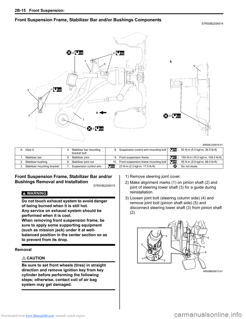 SUZUKI SWIFT 2007 2.G Service Workshop Manual Downloaded from www.Manualslib.com manuals search engine 2B-15 Front Suspension: 
Front Suspension Frame, Stabilizer Bar and/or Bushings ComponentsS7RS0B2206014
Front Suspension Frame, Stabilizer Bar 