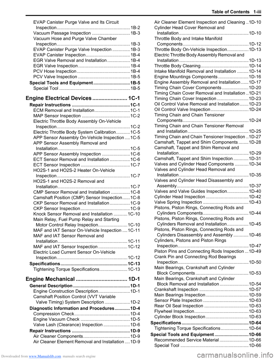 SUZUKI SWIFT 2007 2.G Service Workshop Manual Downloaded from www.Manualslib.com manuals search engine Table of Contents 1-iii
EVAP Canister Purge Valve and Its Circuit 
Inspection.......................................................... 1B-2
Va