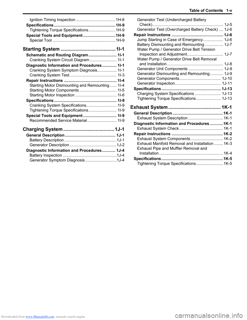 SUZUKI SWIFT 2008 2.G Service Workshop Manual Downloaded from www.Manualslib.com manuals search engine Table of Contents 1-v
Ignition Timing Inspection ................................... 1H-8
Specifications ......................................