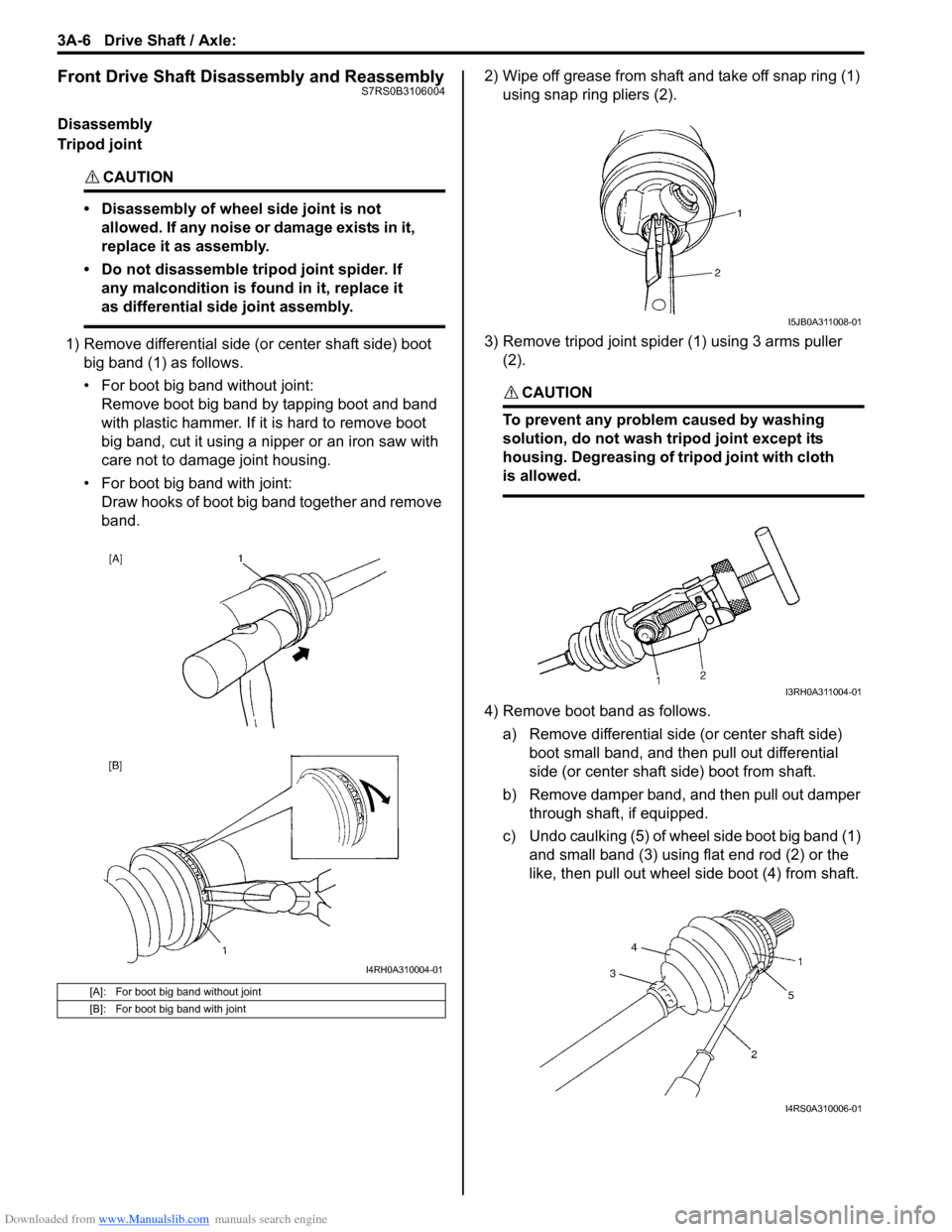 SUZUKI SWIFT 2008 2.G Service Workshop Manual Downloaded from www.Manualslib.com manuals search engine 3A-6 Drive Shaft / Axle: 
Front Drive Shaft Disassembly and ReassemblyS7RS0B3106004
Disassembly
Tripod joint
CAUTION! 
• Disassembly of wheel