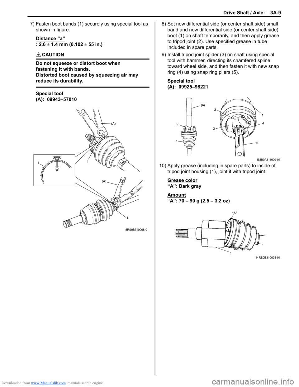 SUZUKI SWIFT 2008 2.G Service Workshop Manual Downloaded from www.Manualslib.com manuals search engine Drive Shaft / Axle:  3A-9
7) Fasten boot bands (1) securely using special tool as 
shown in figure.
Distance “a”
: 2.6 ±  1.4 mm (0.102 ±