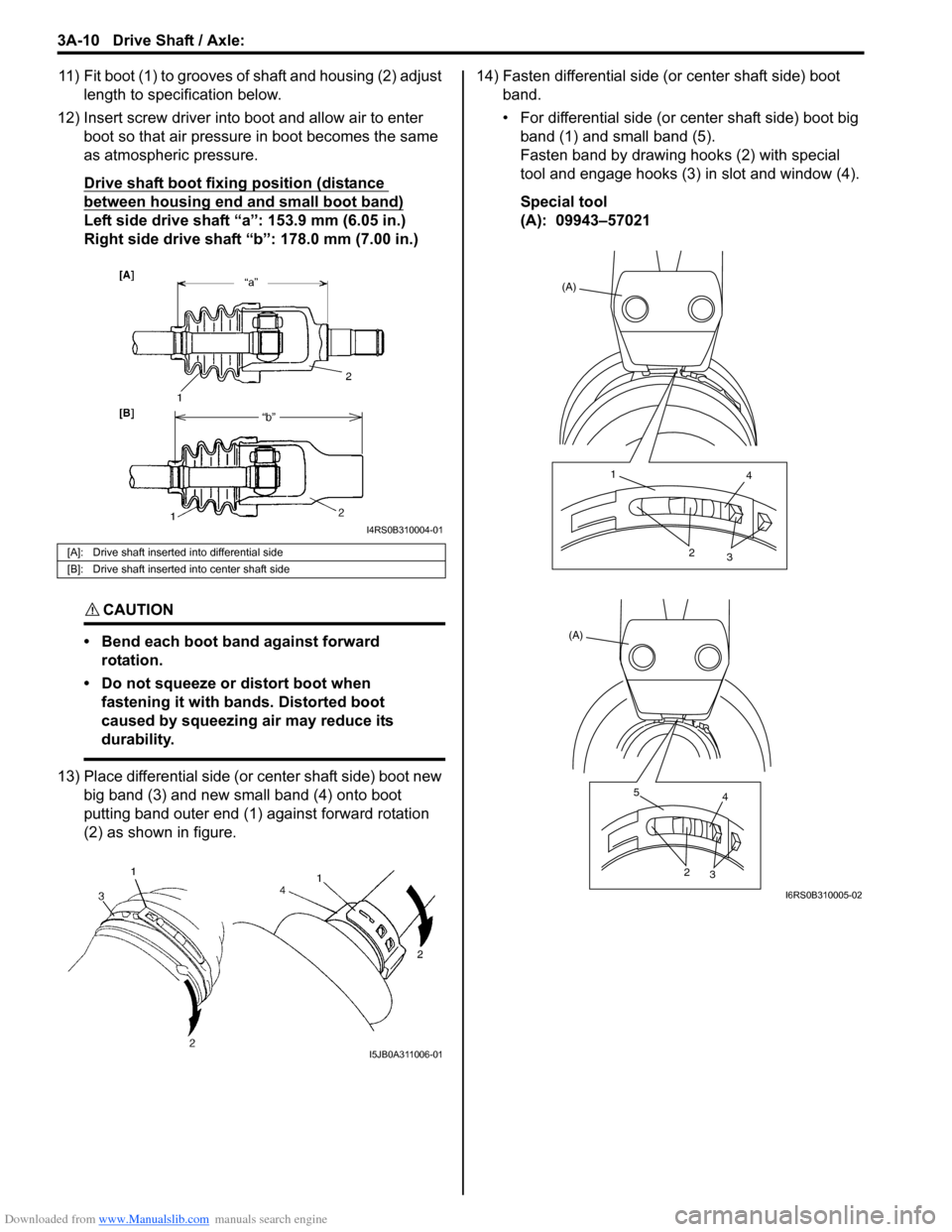 SUZUKI SWIFT 2008 2.G Service Workshop Manual Downloaded from www.Manualslib.com manuals search engine 3A-10 Drive Shaft / Axle: 
11) Fit boot (1) to grooves of shaft and housing (2) adjust 
length to specification below.
12) Insert screw driver 