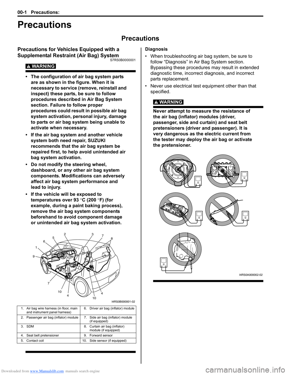 SUZUKI SWIFT 2007 2.G Service Workshop Manual Downloaded from www.Manualslib.com manuals search engine 00-1 Precautions: 
Precautions
Precautions
Precautions
Precautions for Vehicles Equipped with a 
Supplemental Restraint (Air Bag) System
S7RS0B