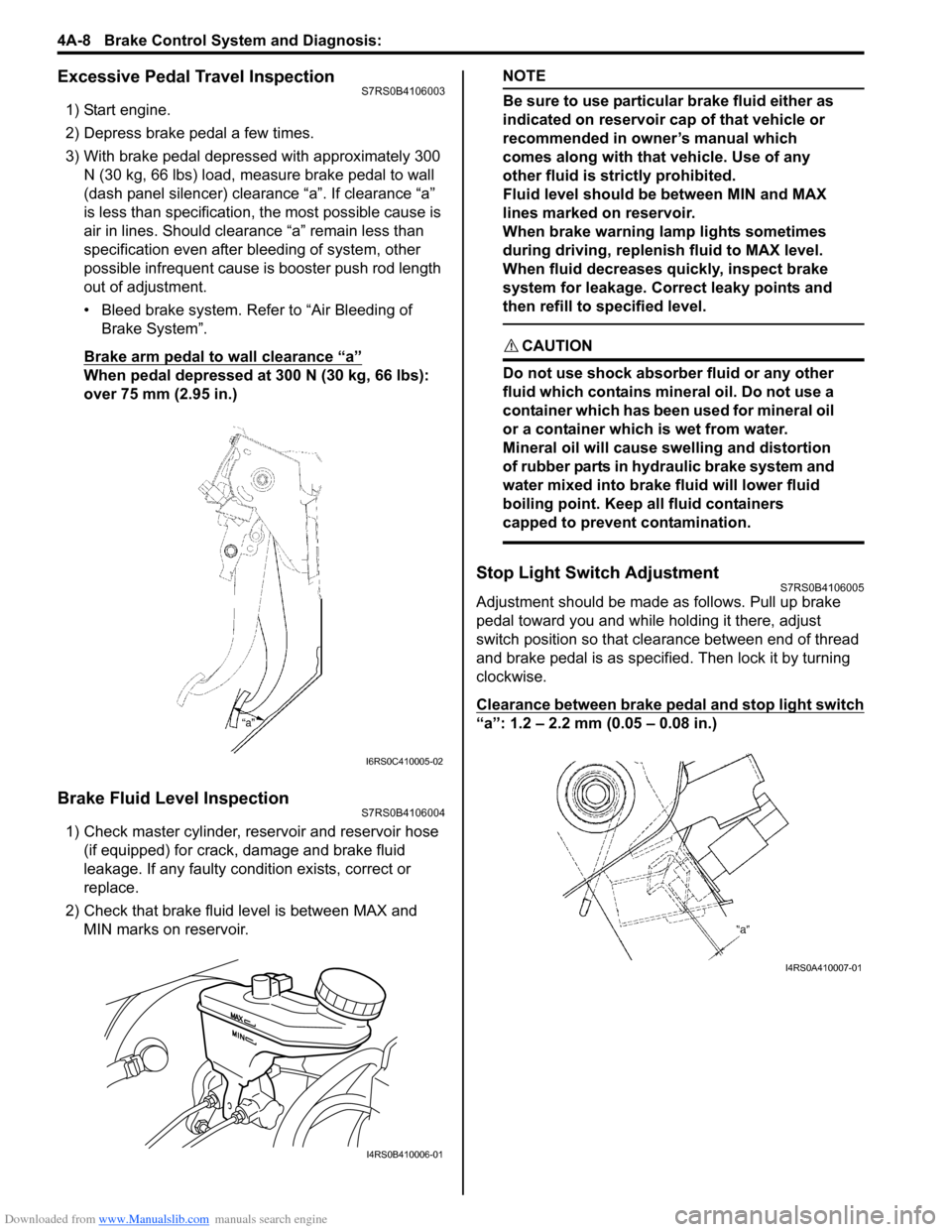 SUZUKI SWIFT 2007 2.G Service Workshop Manual Downloaded from www.Manualslib.com manuals search engine 4A-8 Brake Control System and Diagnosis: 
Excessive Pedal Travel InspectionS7RS0B4106003
1) Start engine.
2) Depress brake pedal a few times.
3