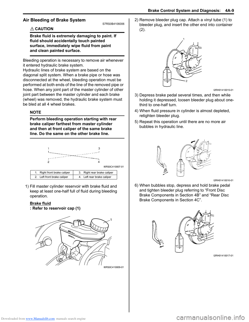 SUZUKI SWIFT 2007 2.G Service Workshop Manual Downloaded from www.Manualslib.com manuals search engine Brake Control System and Diagnosis:  4A-9
Air Bleeding of Brake SystemS7RS0B4106006
CAUTION! 
Brake fluid is extremely damaging to paint. If 
f