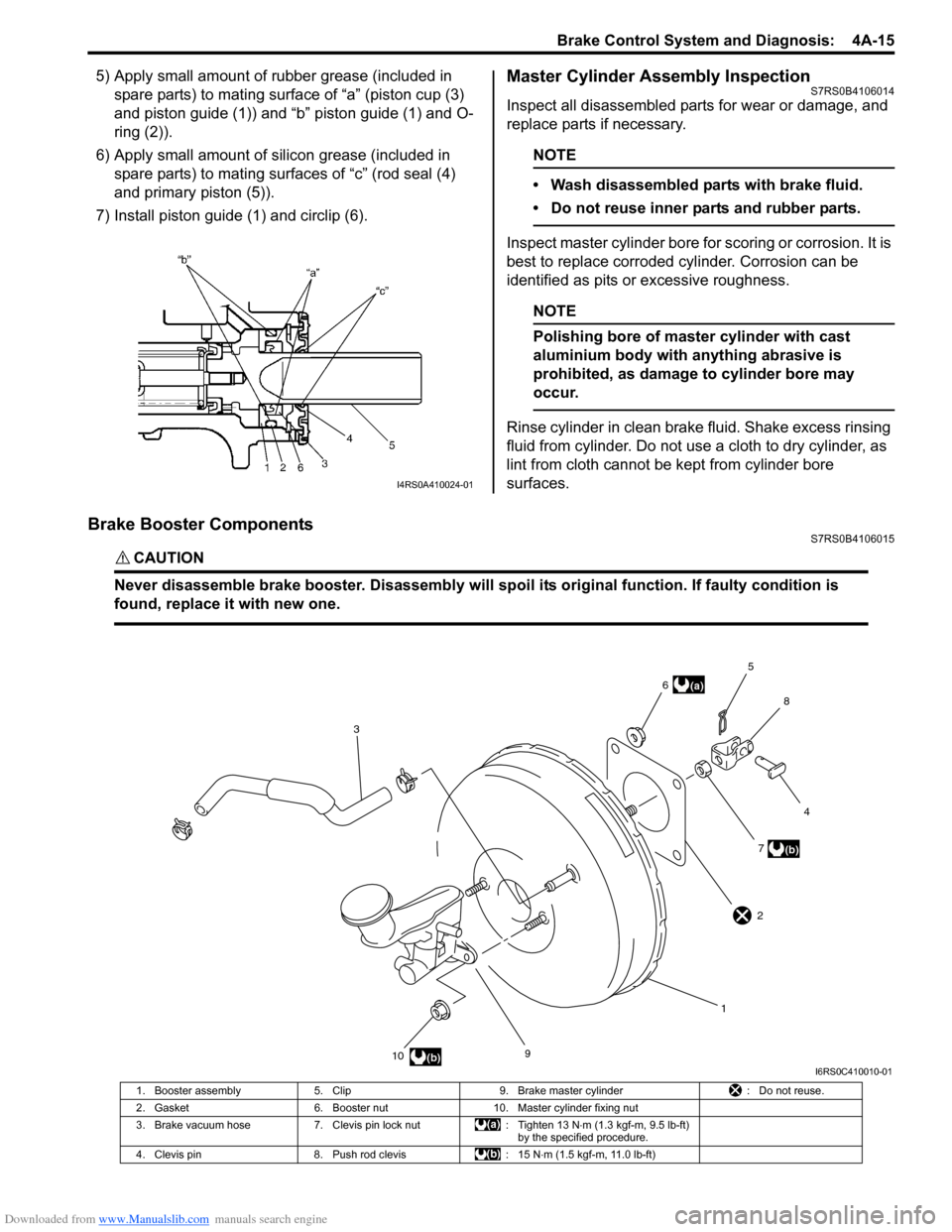 SUZUKI SWIFT 2004 2.G Service Workshop Manual Downloaded from www.Manualslib.com manuals search engine Brake Control System and Diagnosis: 4A-15
5) Apply small amount of rubber grease (included in spare parts) to mating surface of “a” (pisto SUZUKI SWIFT 2004 2.G Service Workshop Manual Downloaded from www.Manualslib.com manuals search engine Brake Control System and Diagnosis: 4A-15
5) Apply small amount of rubber grease (included in spare parts) to mating surface of “a” (pisto